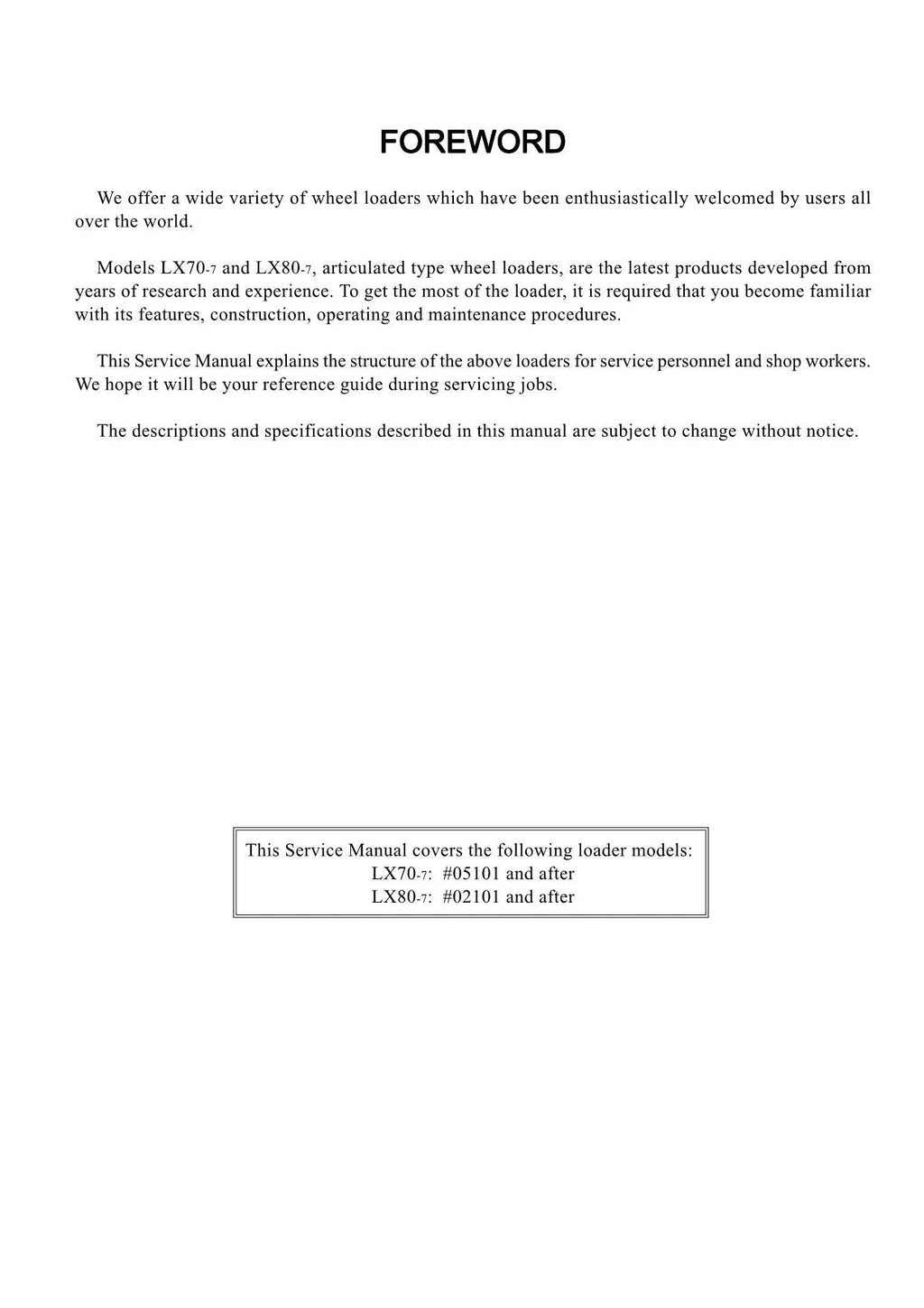 Hitachi LX70-7 LX80-7 Wheel Loader Technical Manual