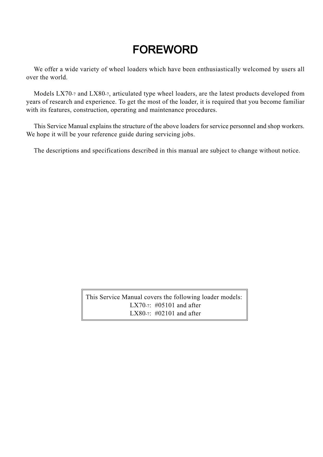 Hitachi LX70-7 LX80-7 Wheel Loader Technical Manual