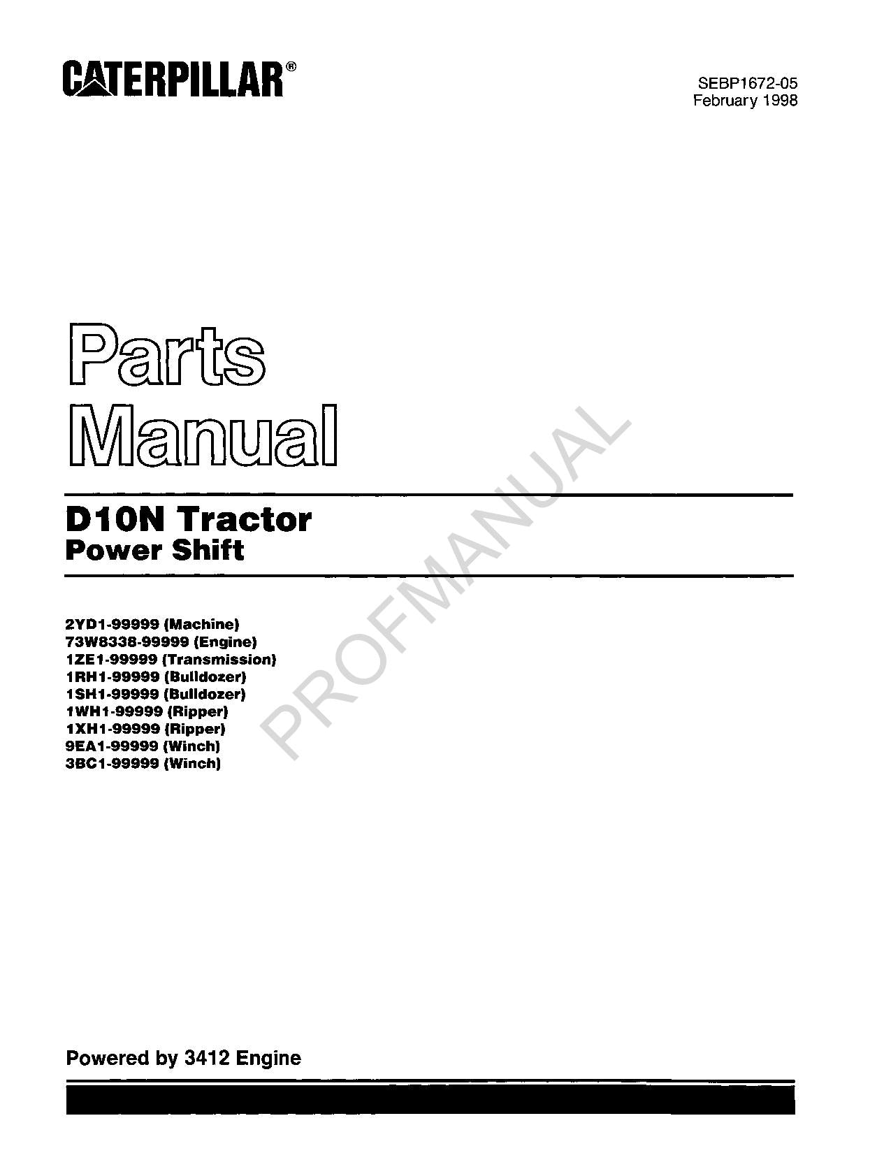 Caterpillar Cat D10N Tractor Power Shift Parts Catalog Manual SEBP1672