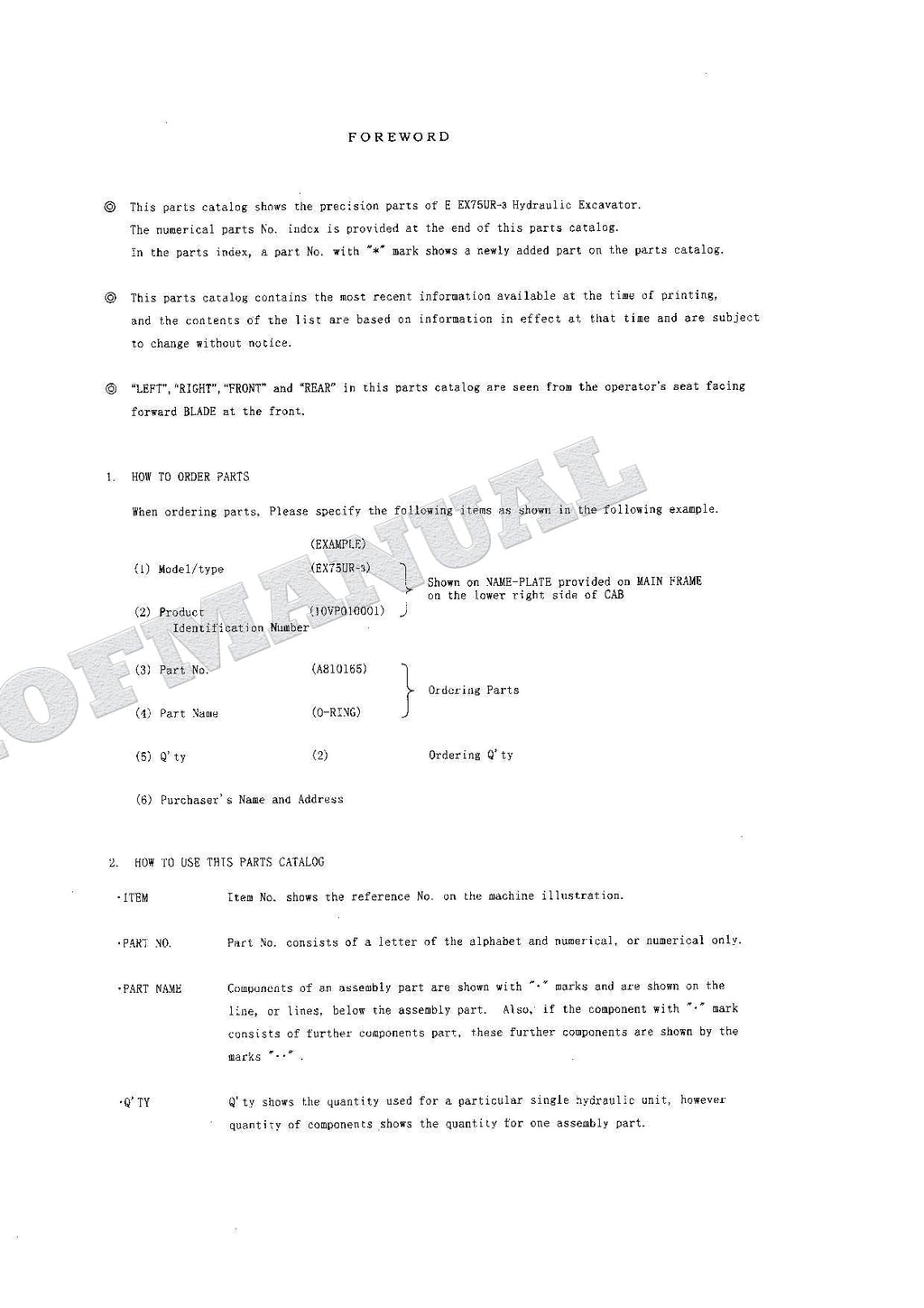 HITACHI EX75UR Equipment Component Excavator Parts Catalog Manual SN 010001-