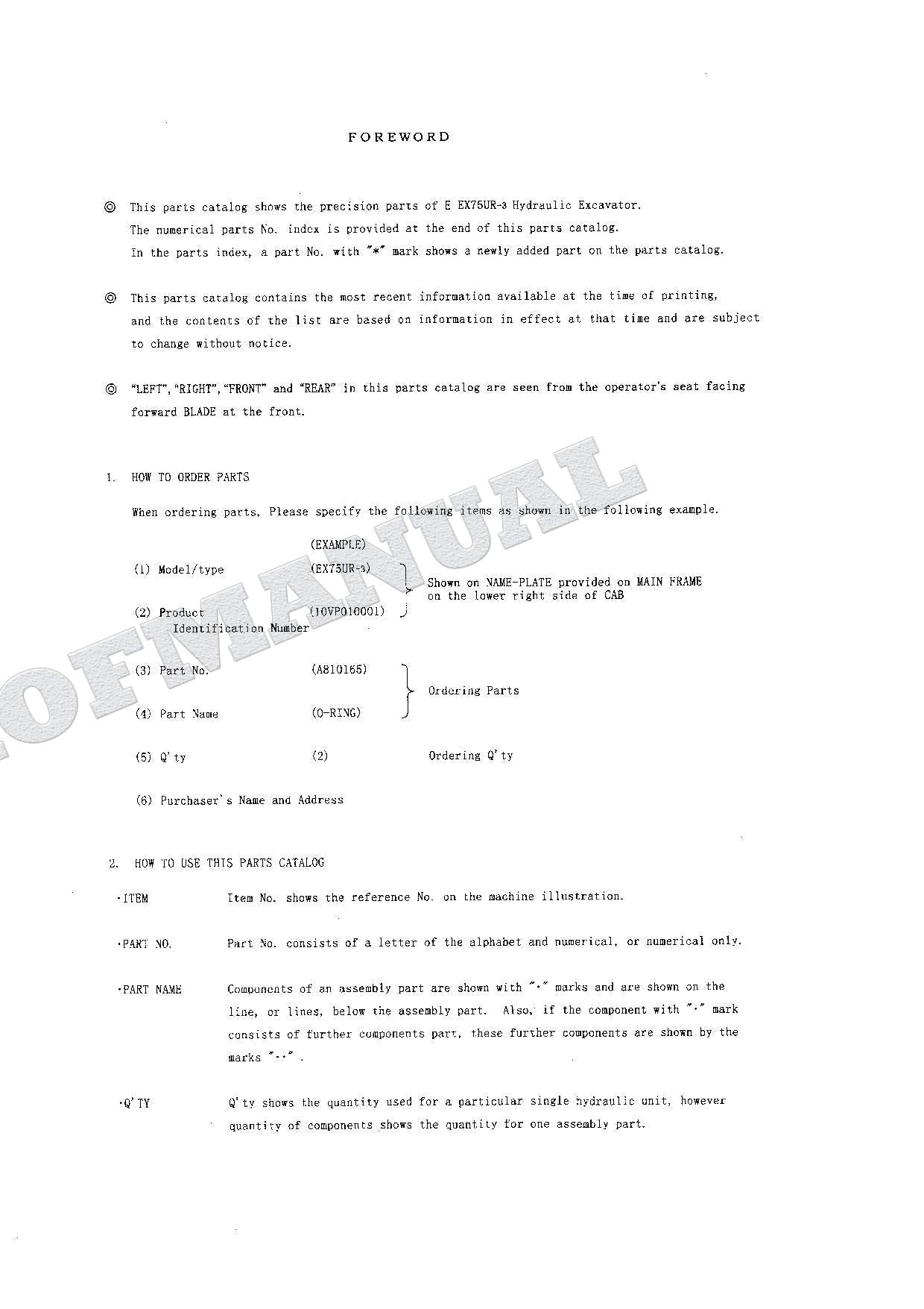 HITACHI EX75UR Equipment Component Excavator Parts Catalog Manual SN 010001-