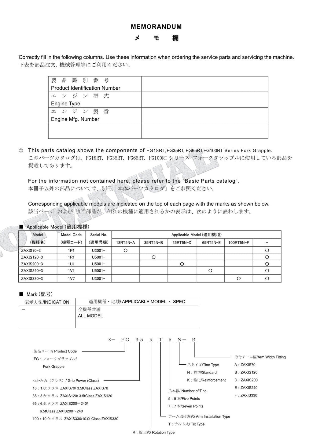HITACHI ZX70-3 ZX120-3 ZX200-3 Fork Grapple Parts Catalog Manual