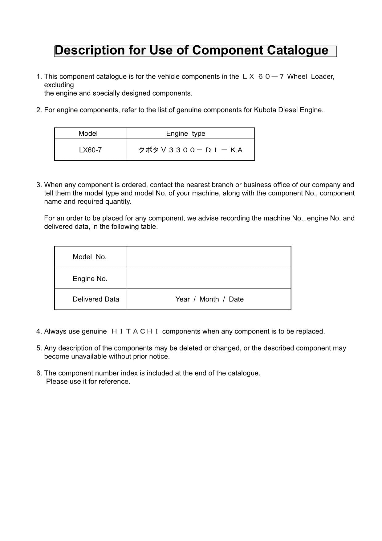 Hitachi LX60-7 Wheel Loader Parts Catalog Manual SN 001001-up