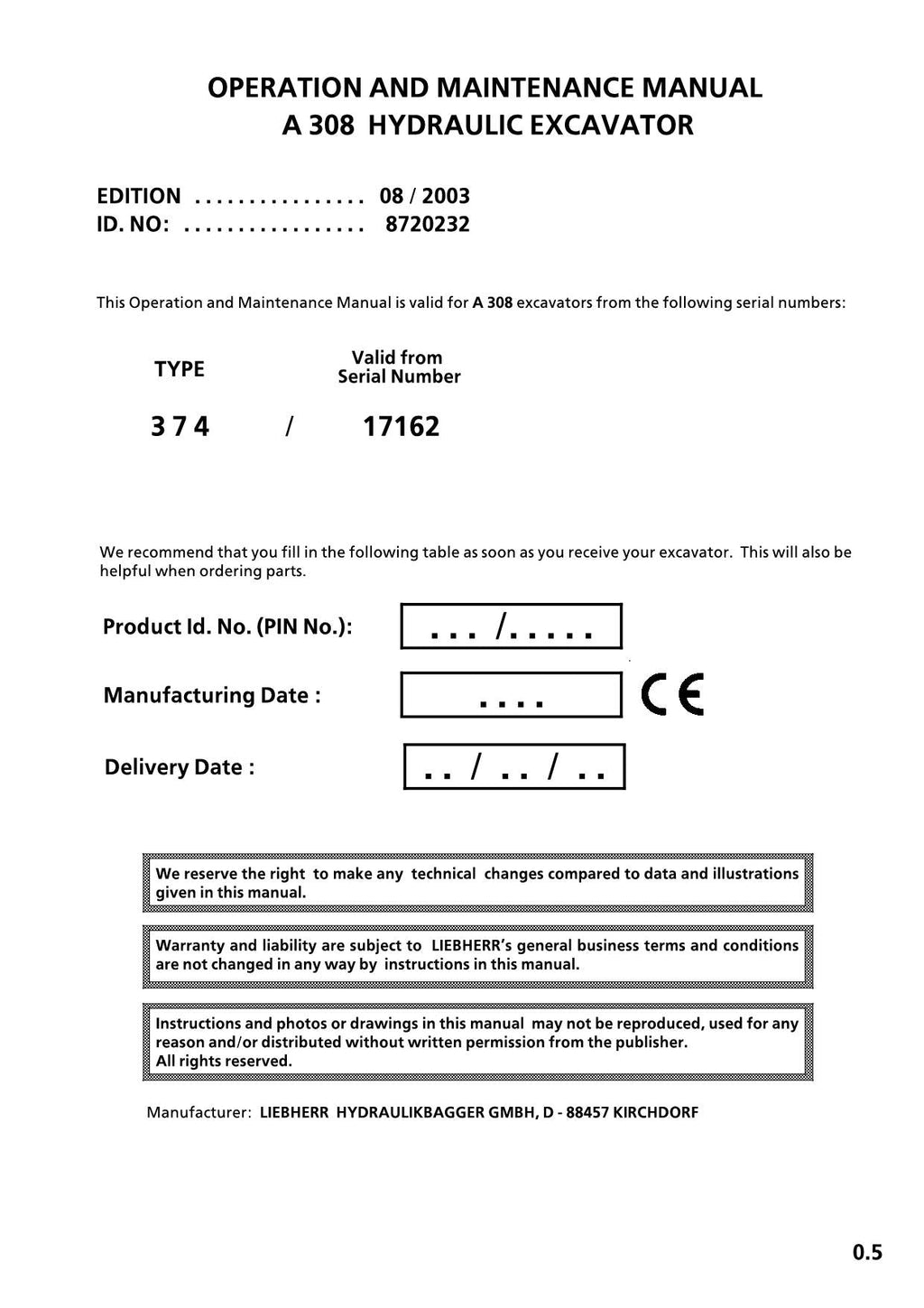 Liebherr A308 Excavator  Operators manual