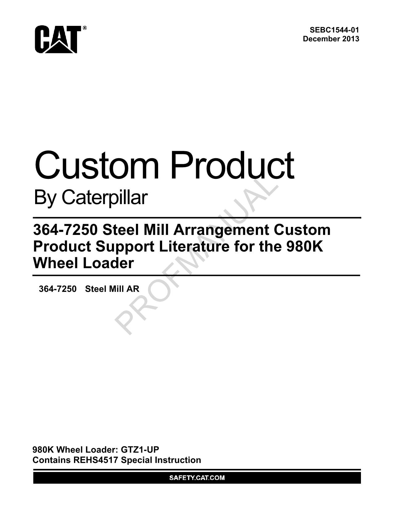 Caterpillar Cat 364 7250 Steel Mill Arrangement 980K Loader Parts Catalog Manual