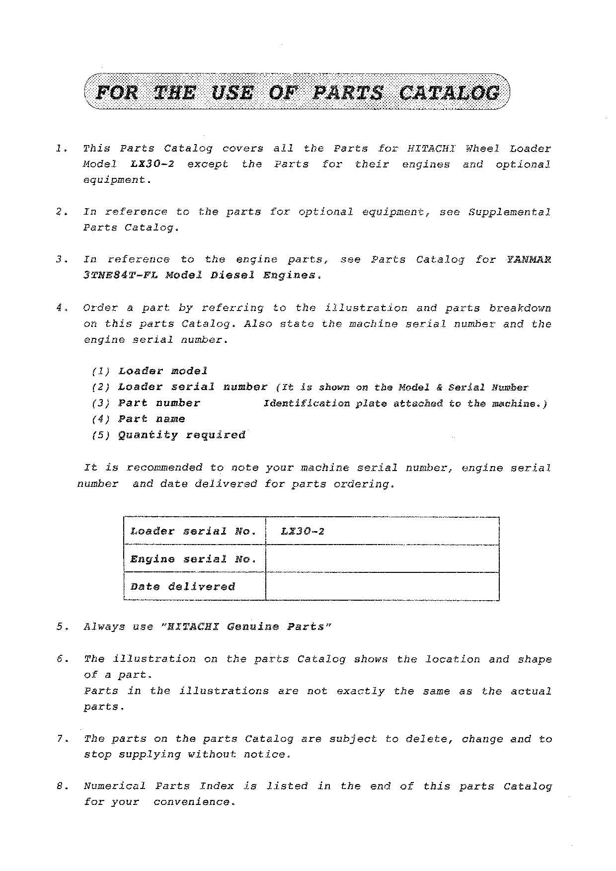 Hitachi LX30-2 Wheel Loader Parts Catalog Manual SN all
