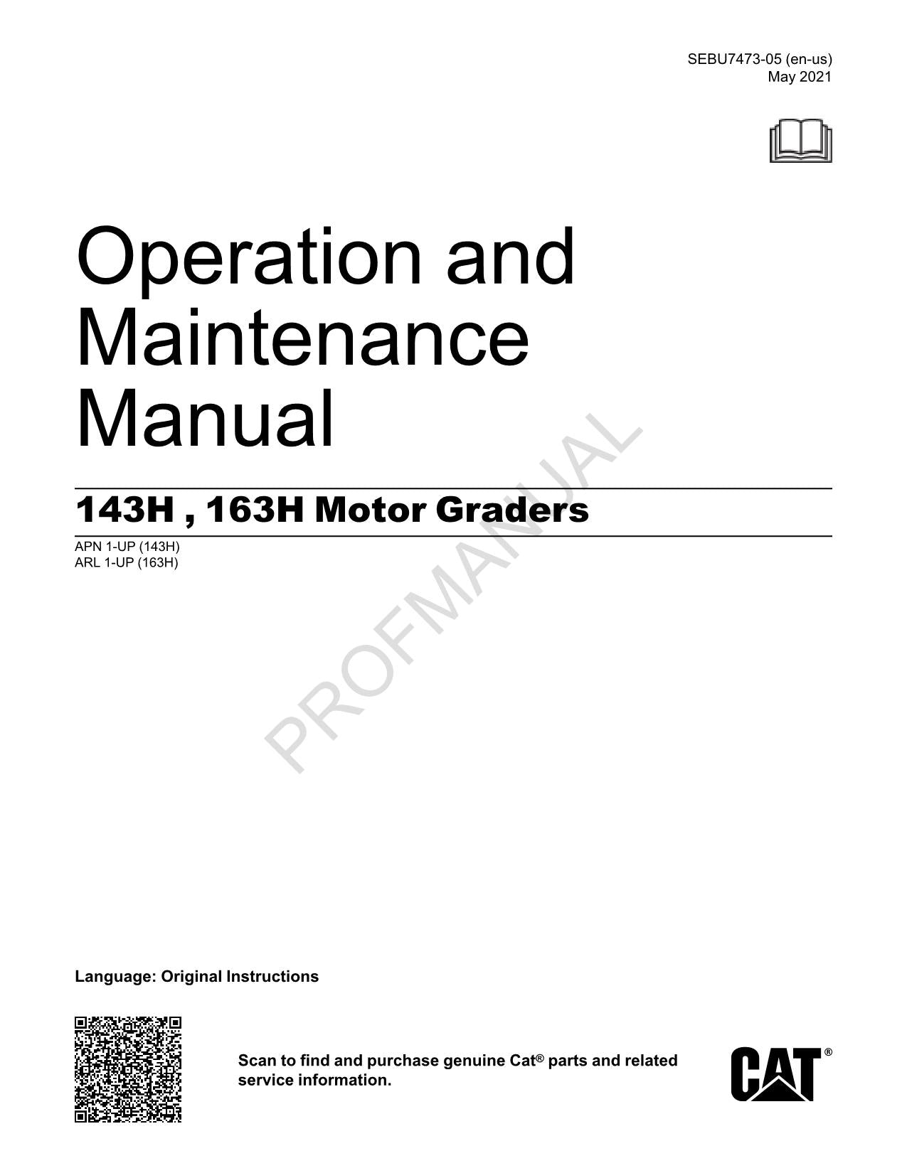 Manual de mantenimiento del operador de motoniveladoras Caterpillar 143H y 163H SEBU7473