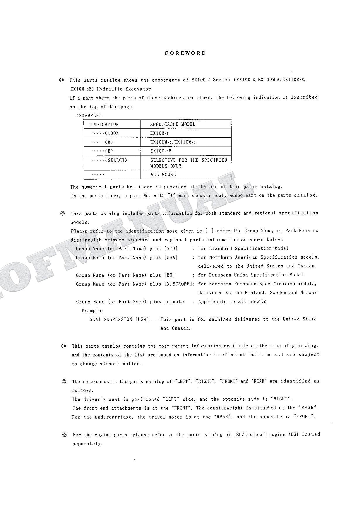HITACHI EX100-5 EX100M-5 EX110M-5 EX100-5E Excavator Parts Catalog Manual
