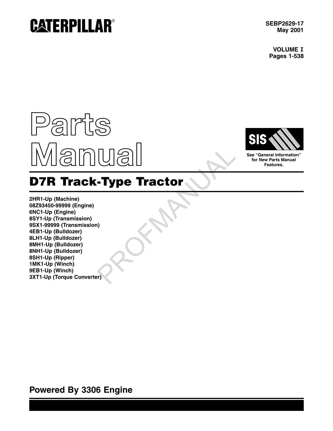 Caterpillar Cat D7R Track Type Tractor Parts Catalog Manual SEBP2629