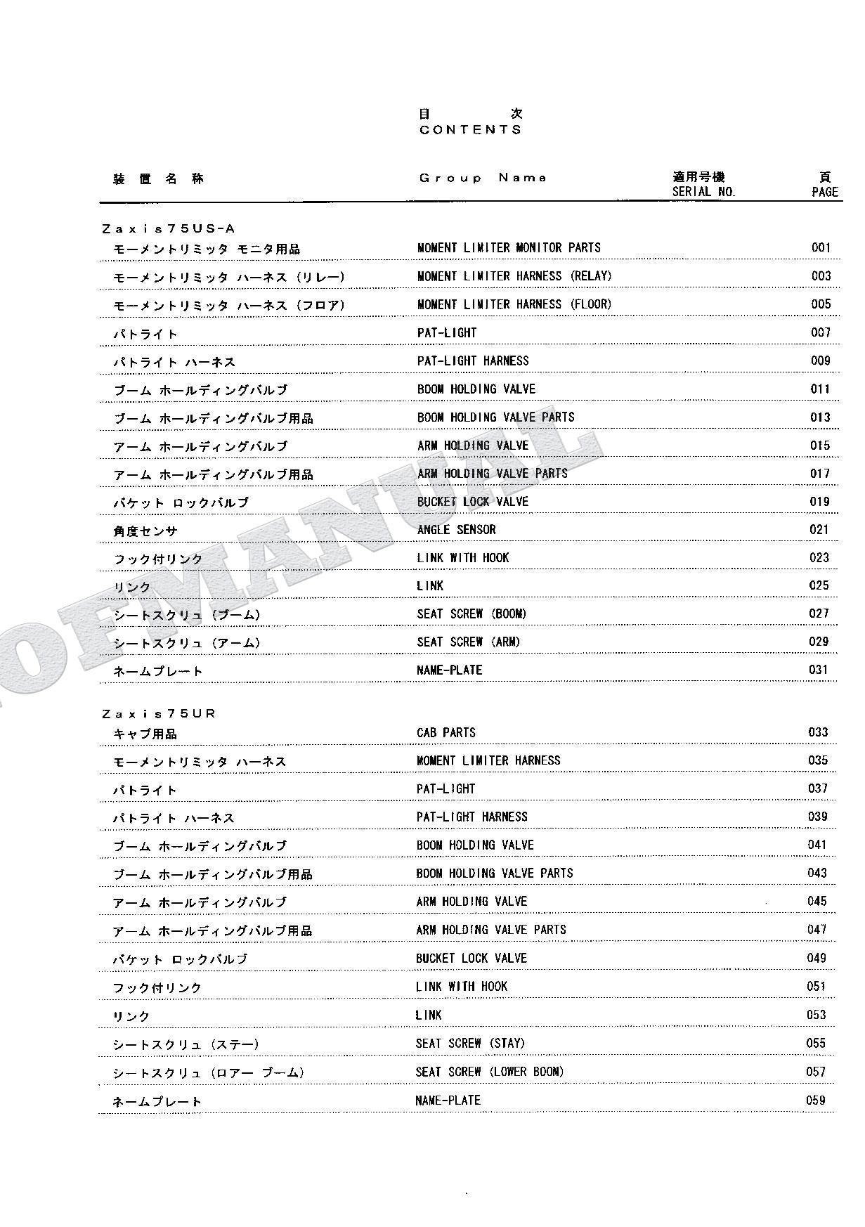 HITACHI ZAXIS ZX75US-A ZX75UR ZX135UR ML Crane Excavator Parts Catalog Manual