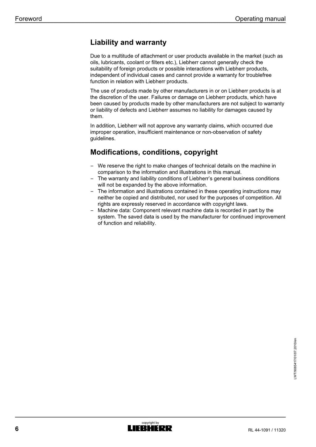 Liebherr RL44-1091 Pipe Layer Operators manual serial 11320