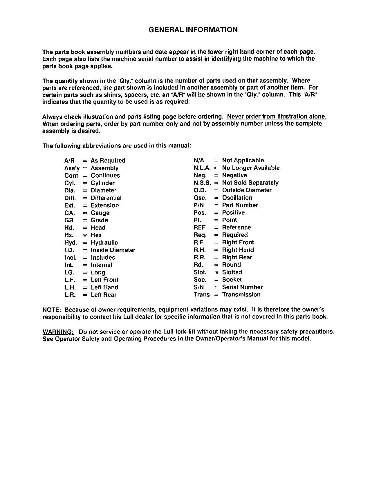 LULL 522 Telehandler Parts Catalog Manual