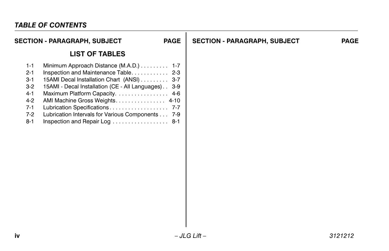 Manual del operador de mantenimiento y operación del mástil vertical JLG 15AMI