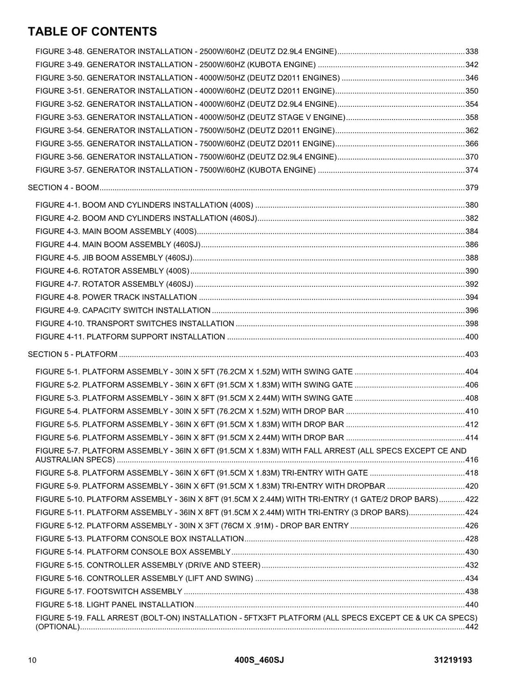 JLG 400S 460SJ Boom Lift Parts Catalog Manual 31219193