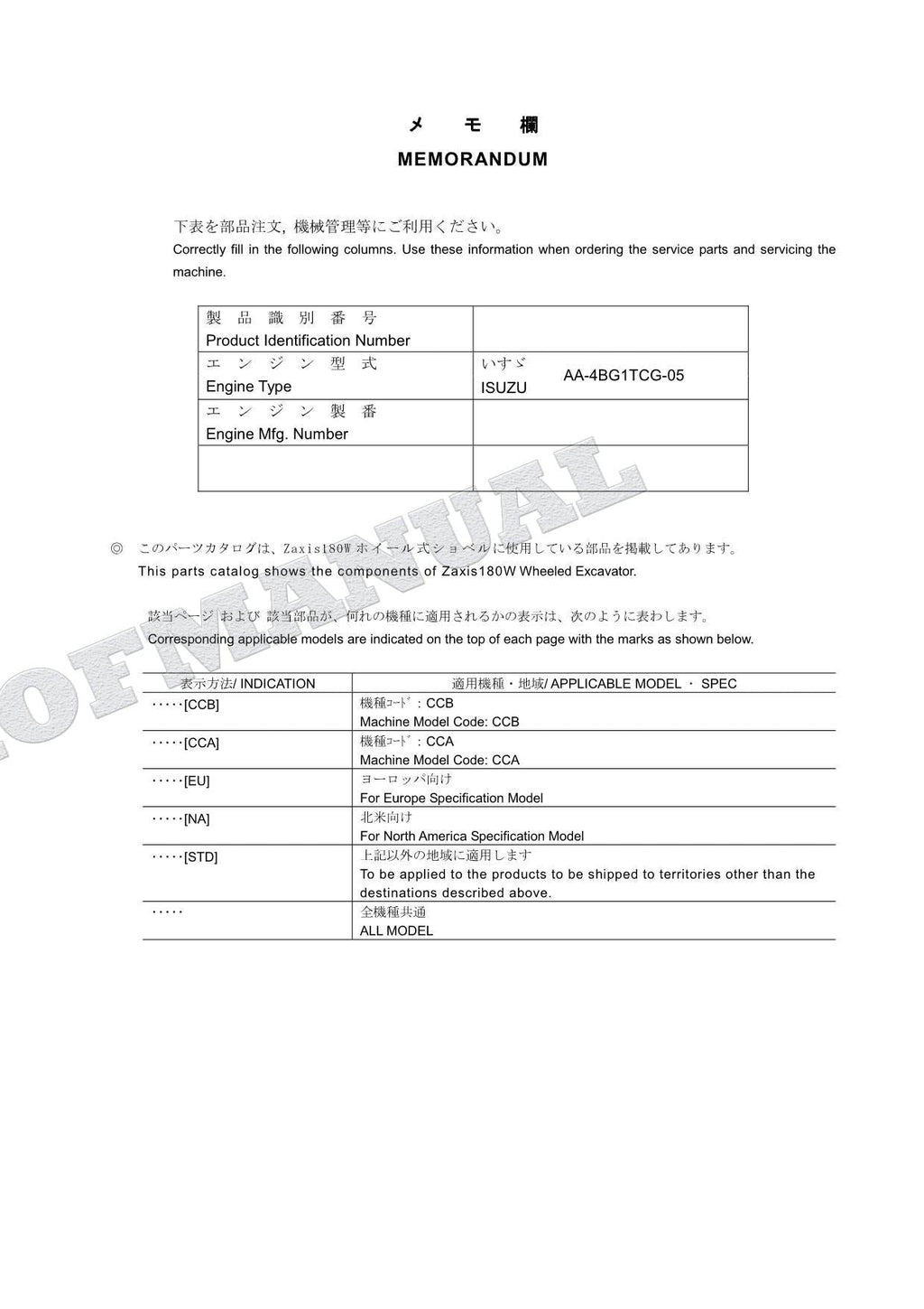 HITACHI ZAXIS ZX180W Excavator Parts Catalog Manual