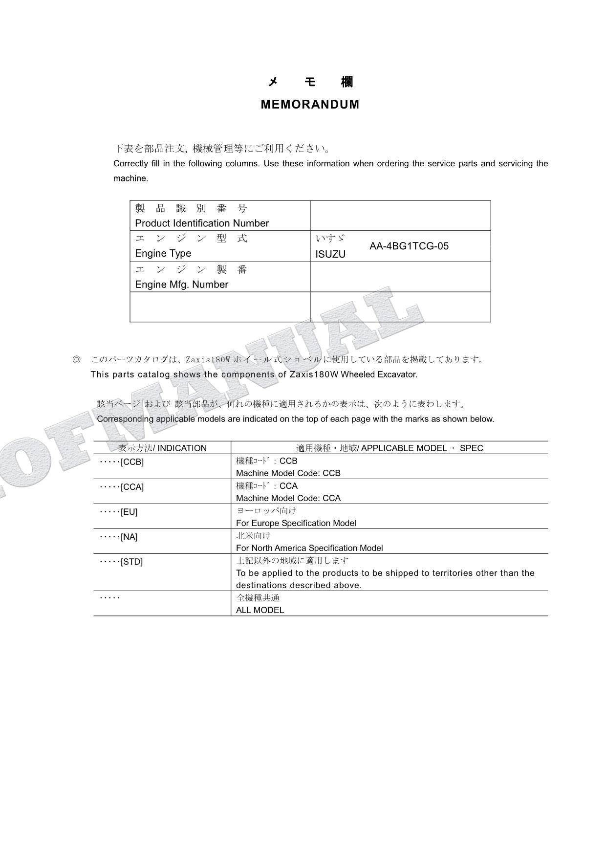 HITACHI ZAXIS ZX180W Excavator Parts Catalog Manual
