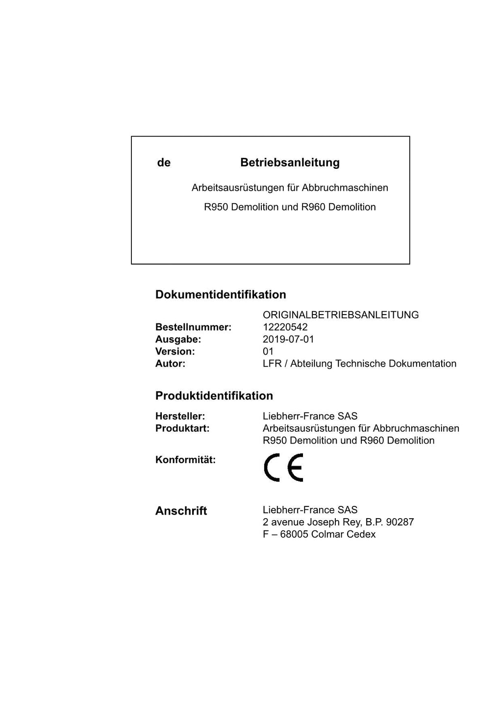 Liebherr R950 R960 Demolition für Abbruchmaschinen Betriebsanleitung
