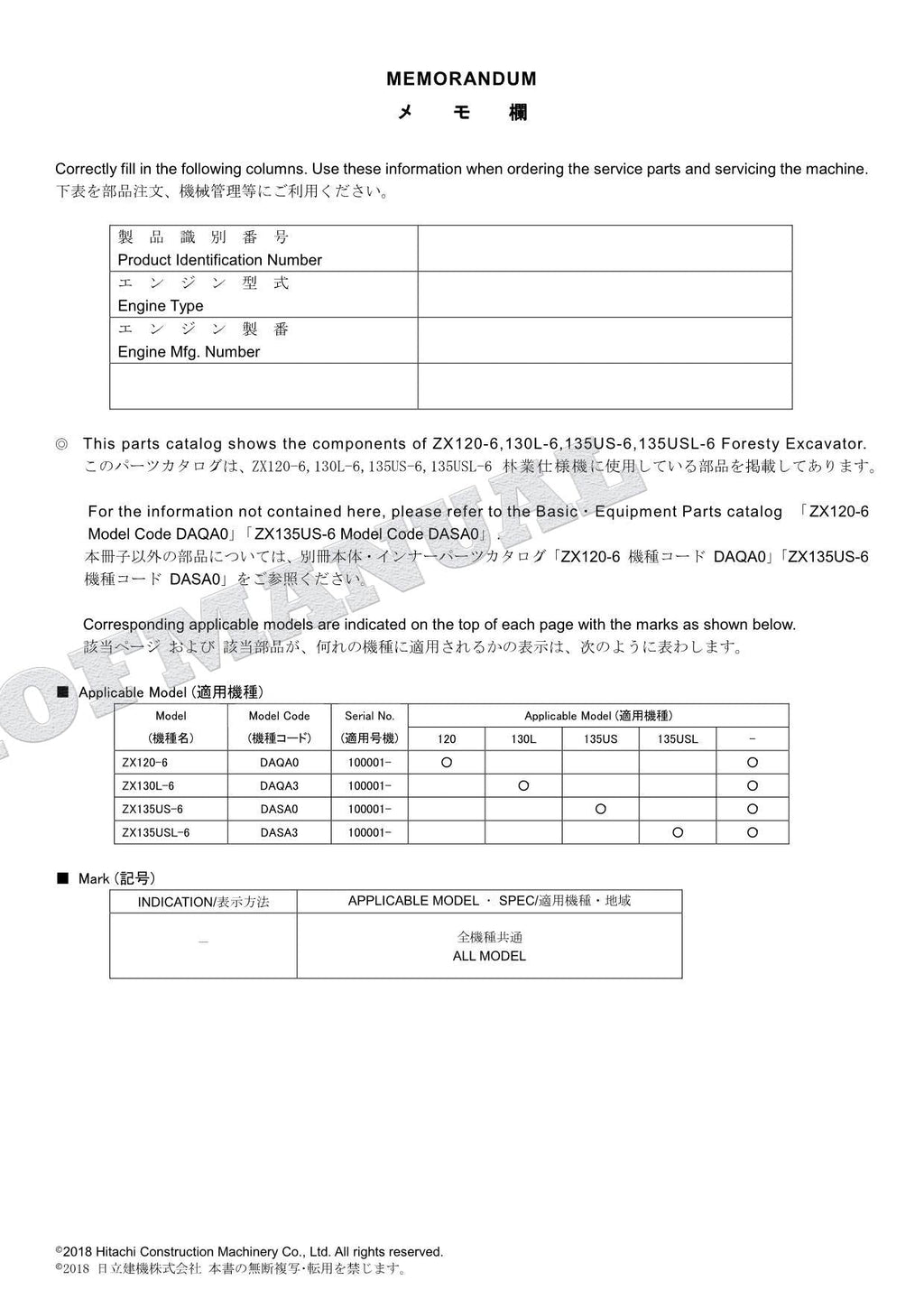 Manual del catálogo de piezas de la excavadora forestal HITACHI ZX120-6 130L-6 135US-6 135USL-6