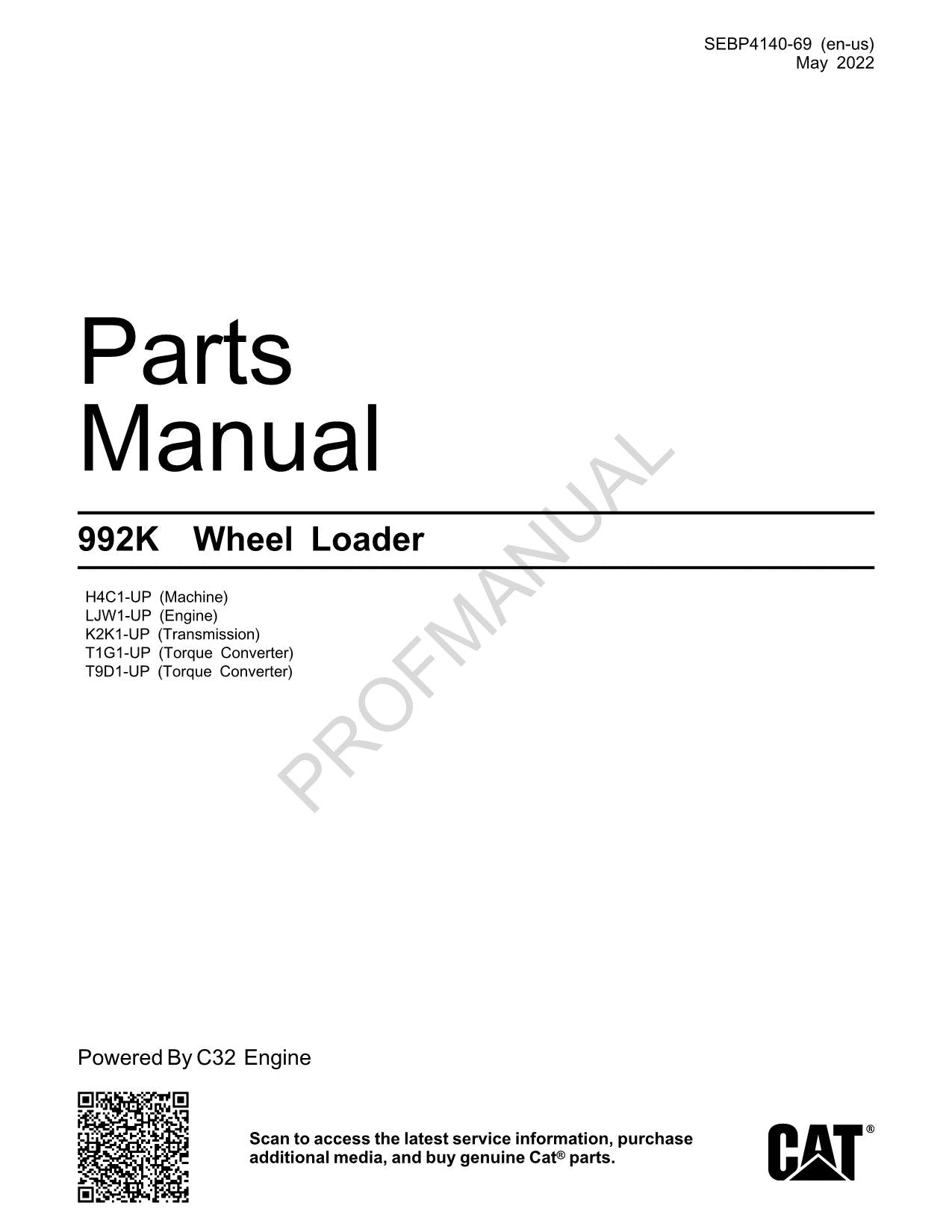 Caterpillar Cat 992K Wheel Loader Parts Catalog Manual SEBP4140
