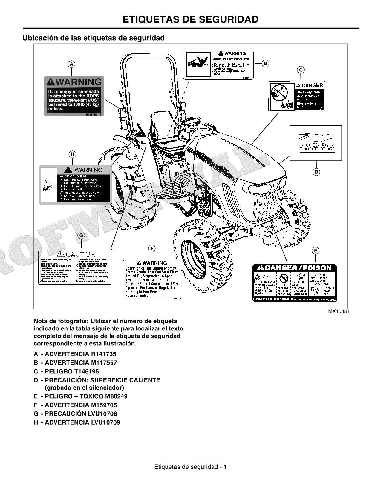 John Deere SN 4520 650001-810000 4720 670001-810000 Tractor Manual del Operador