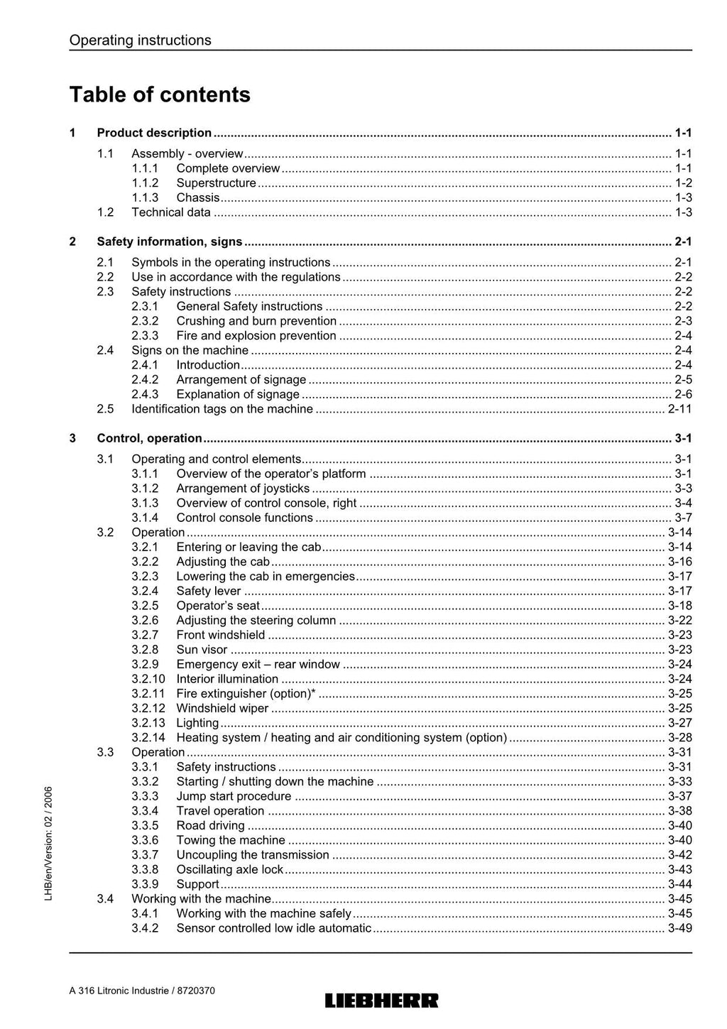 Liebherr A316 Litronic Industrie Excavator  Operators manual