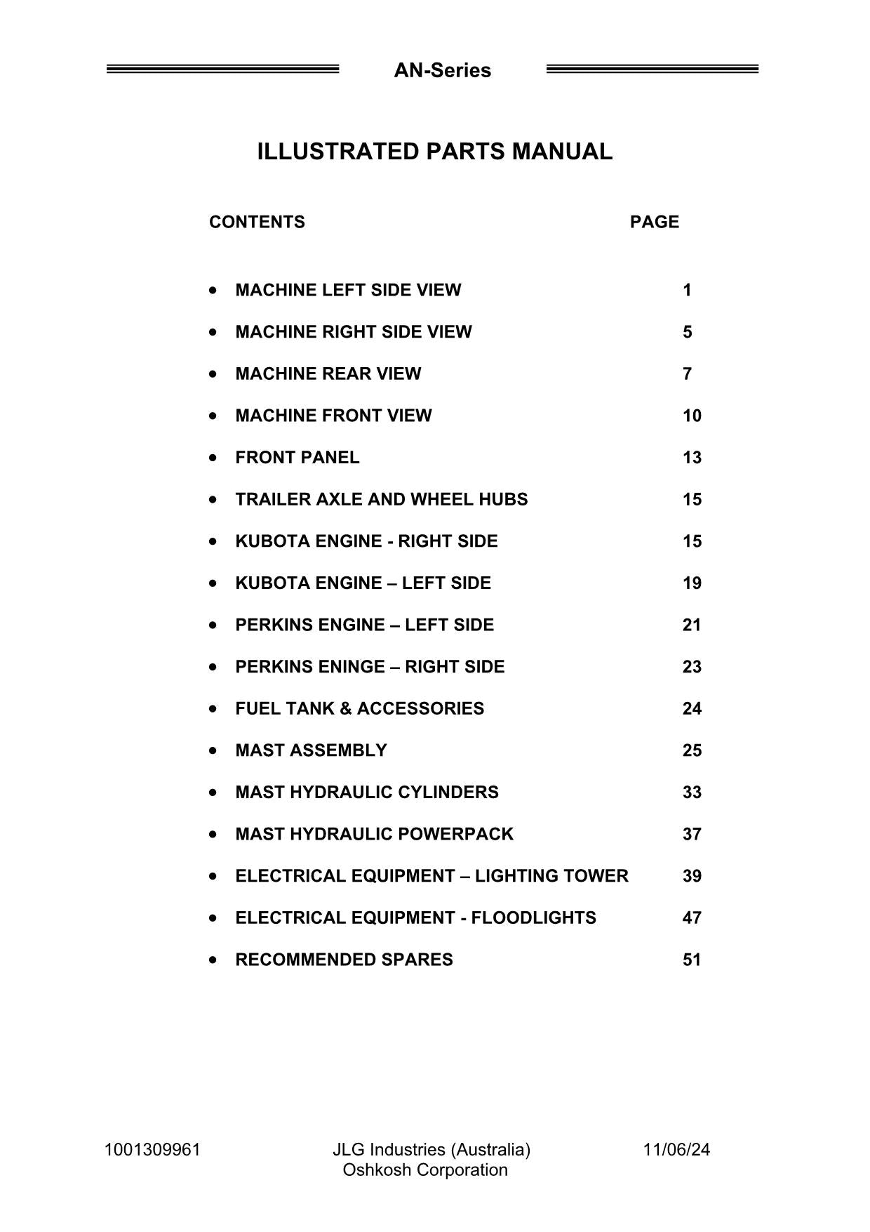 JLG 6308AN 6308AN-6 8308AN 9308AN Series Lighting TOWER Parts Catalog Manual