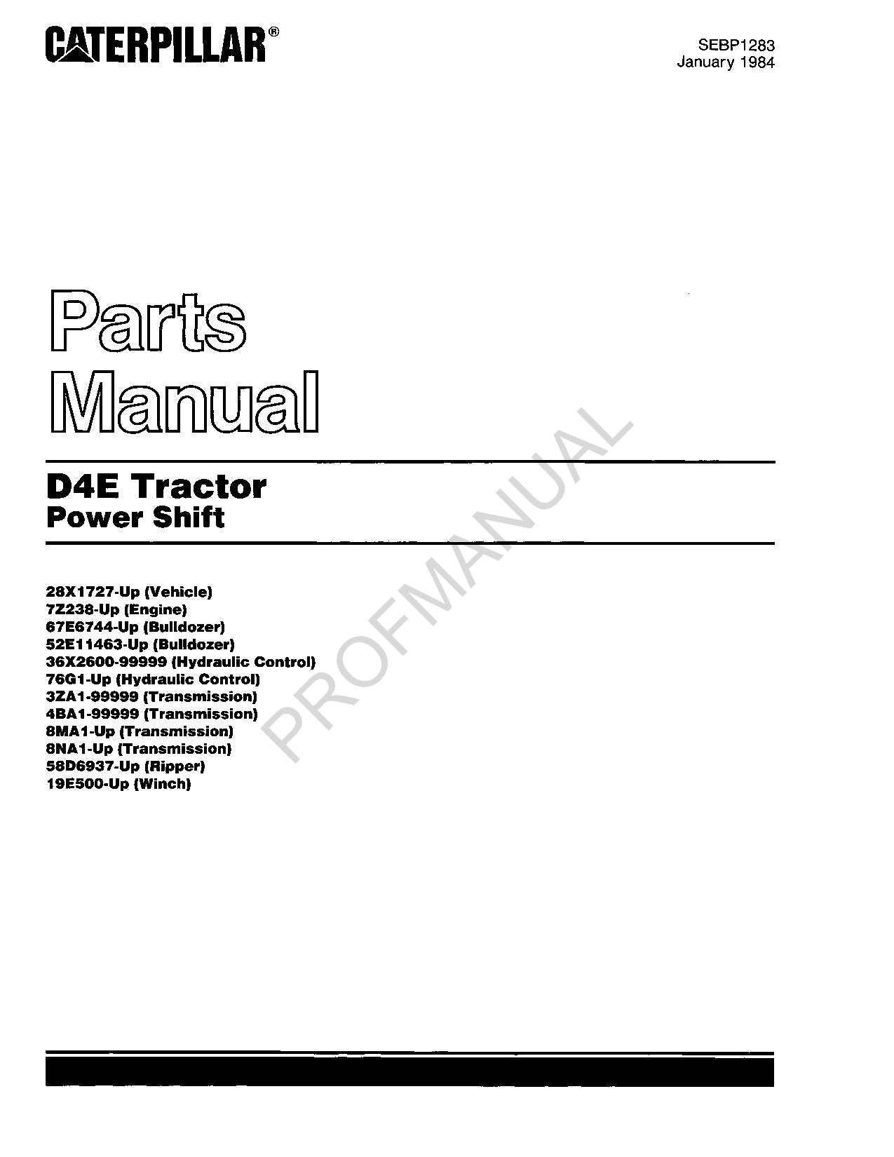 Caterpillar Cat D4E Tractor Power Shift Parts Catalog Manual SEBP1283