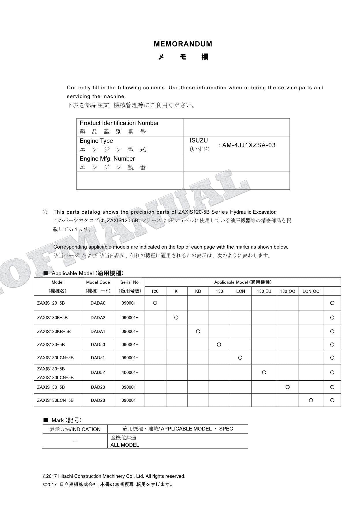 HITACHI ZAXIS ZX120-5B Equipment Component Excavator Parts Catalog Manual