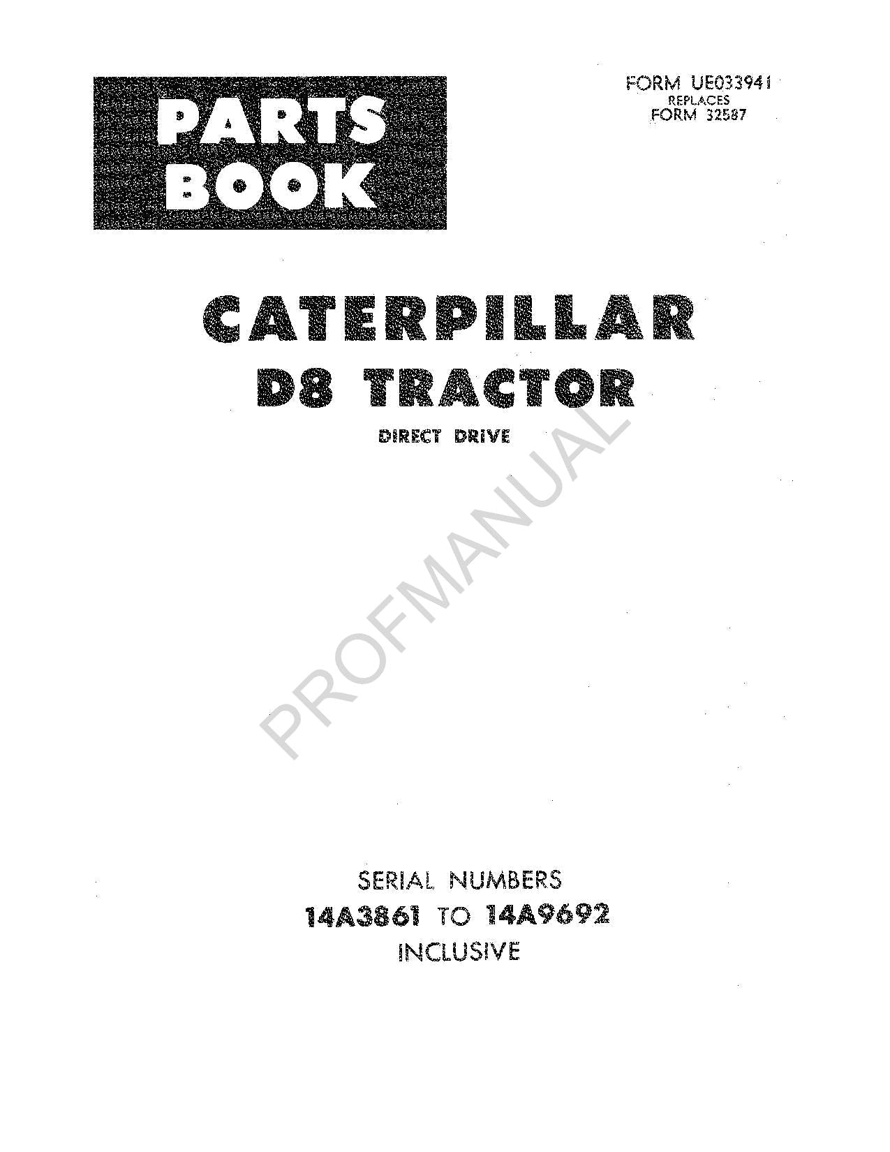 Caterpillar Cat D8 Tractor Parts Catalog Manual ser 14A3861-9692