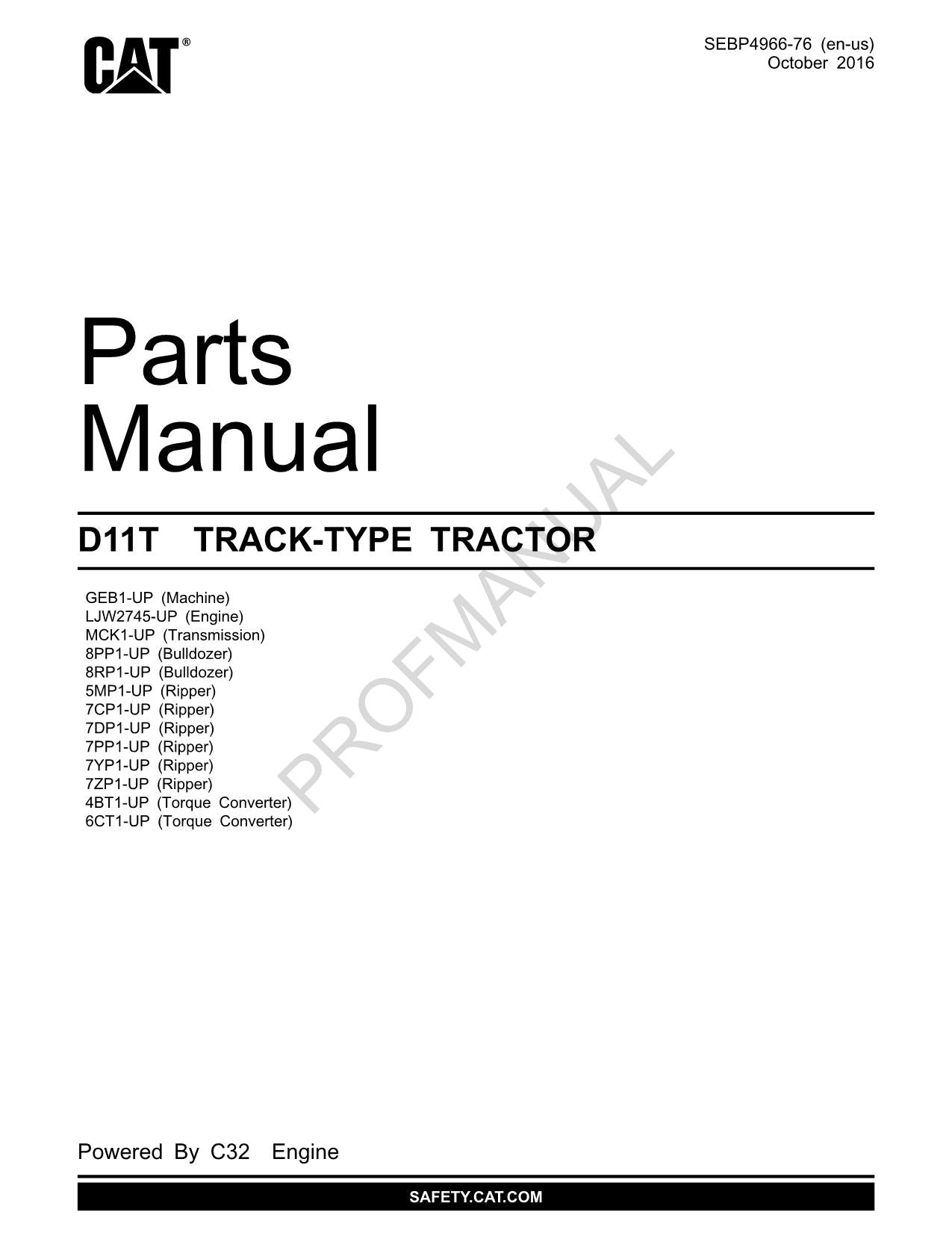 Caterpillar Cat D11T Track Type Tractor Parts Catalog Manual SEBP4966