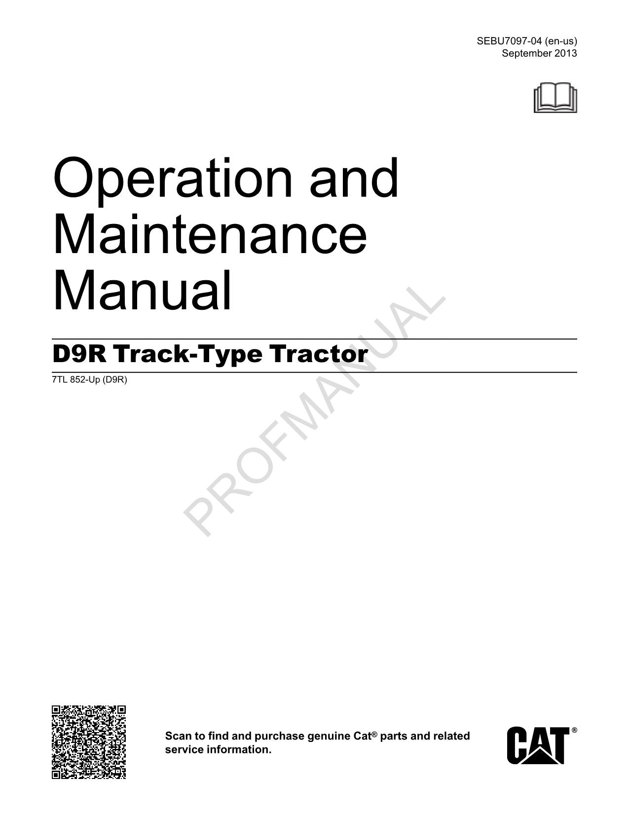 Manual de mantenimiento del operador del tractor de cadenas Caterpillar D9R 7TL852-Up