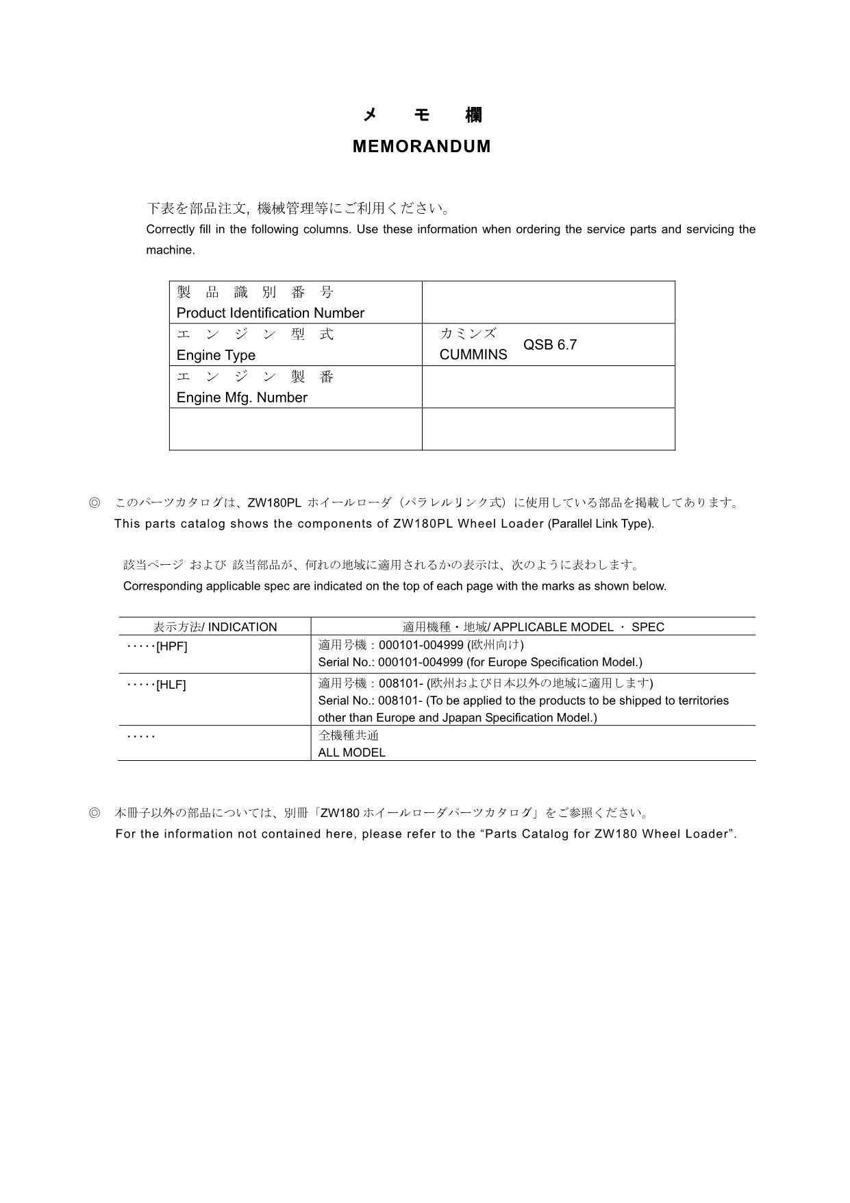 Hitachi ZW180PL Parallel Link Type Wheel Loader Parts Catalog Manual
