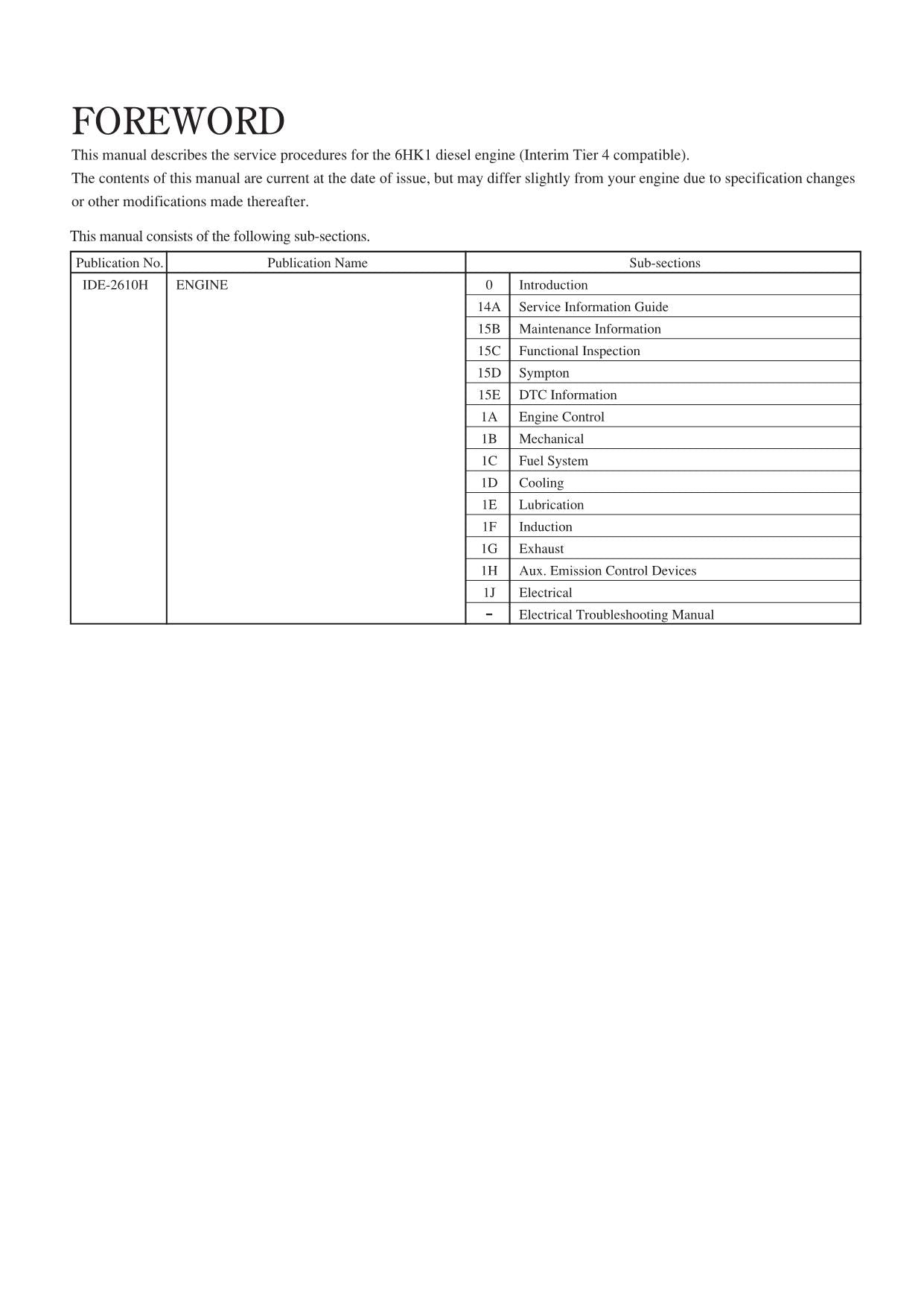 Hitachi 6HK1 Interim Tier 4 Engine FULL Service Technical manual