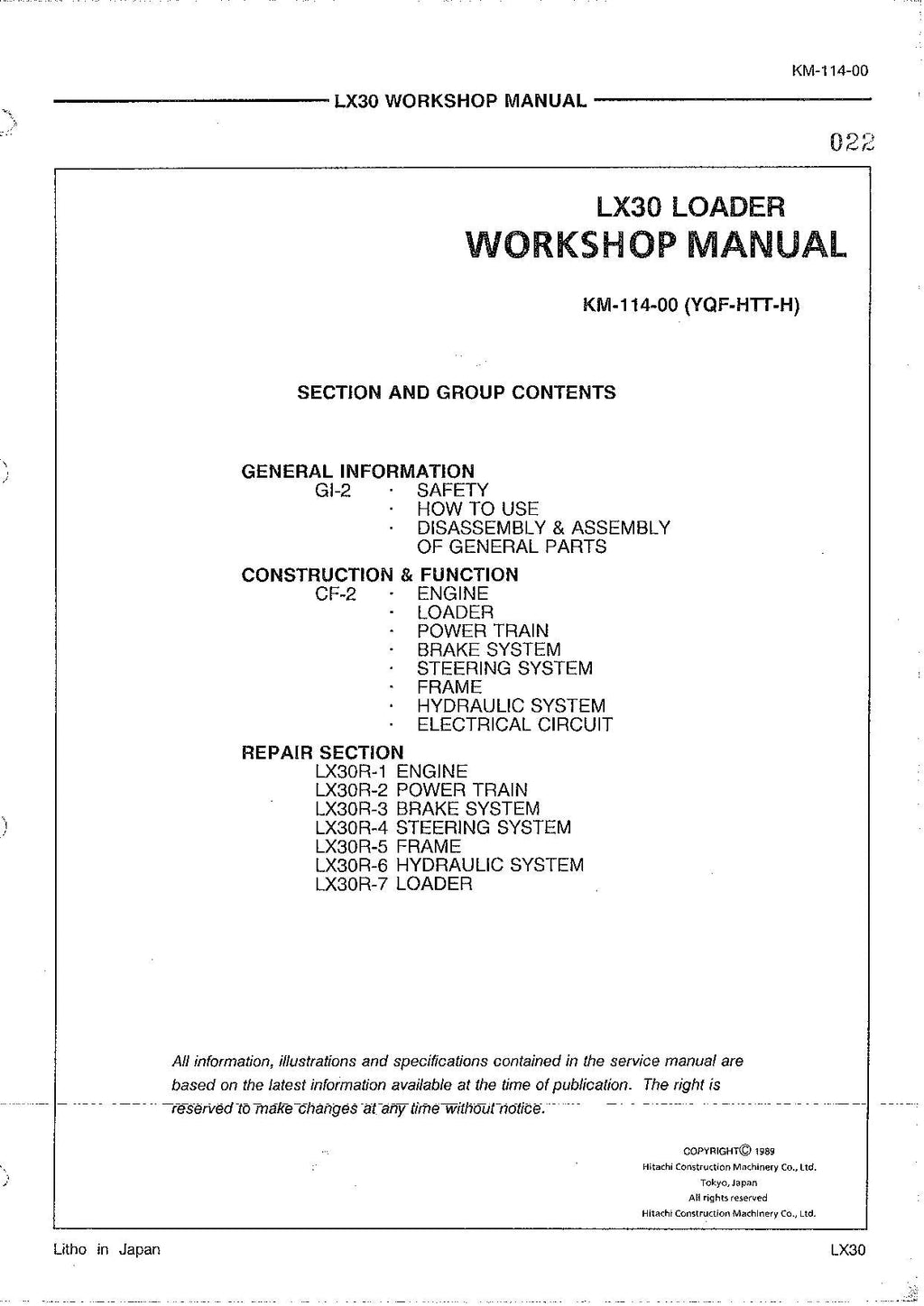 Hitachi LX30 Wheel Loader Workshop Manual