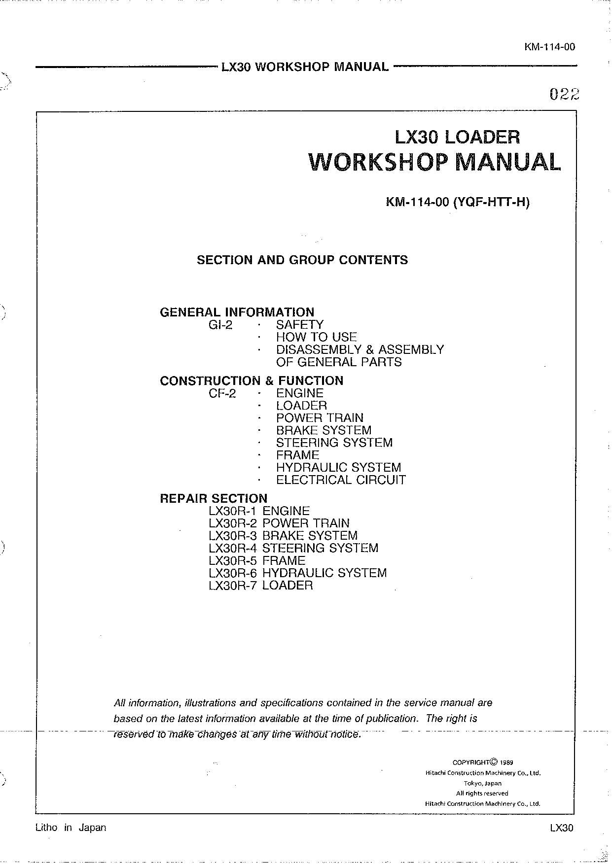 Hitachi LX30 Wheel Loader Workshop Manual