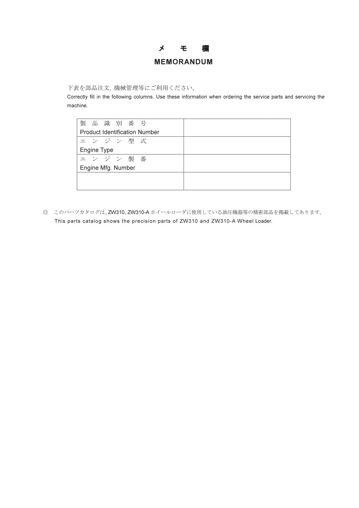 Hitachi ZW310 ZW310-A Wheel Loader Equipment Component Parts Catalog Manual