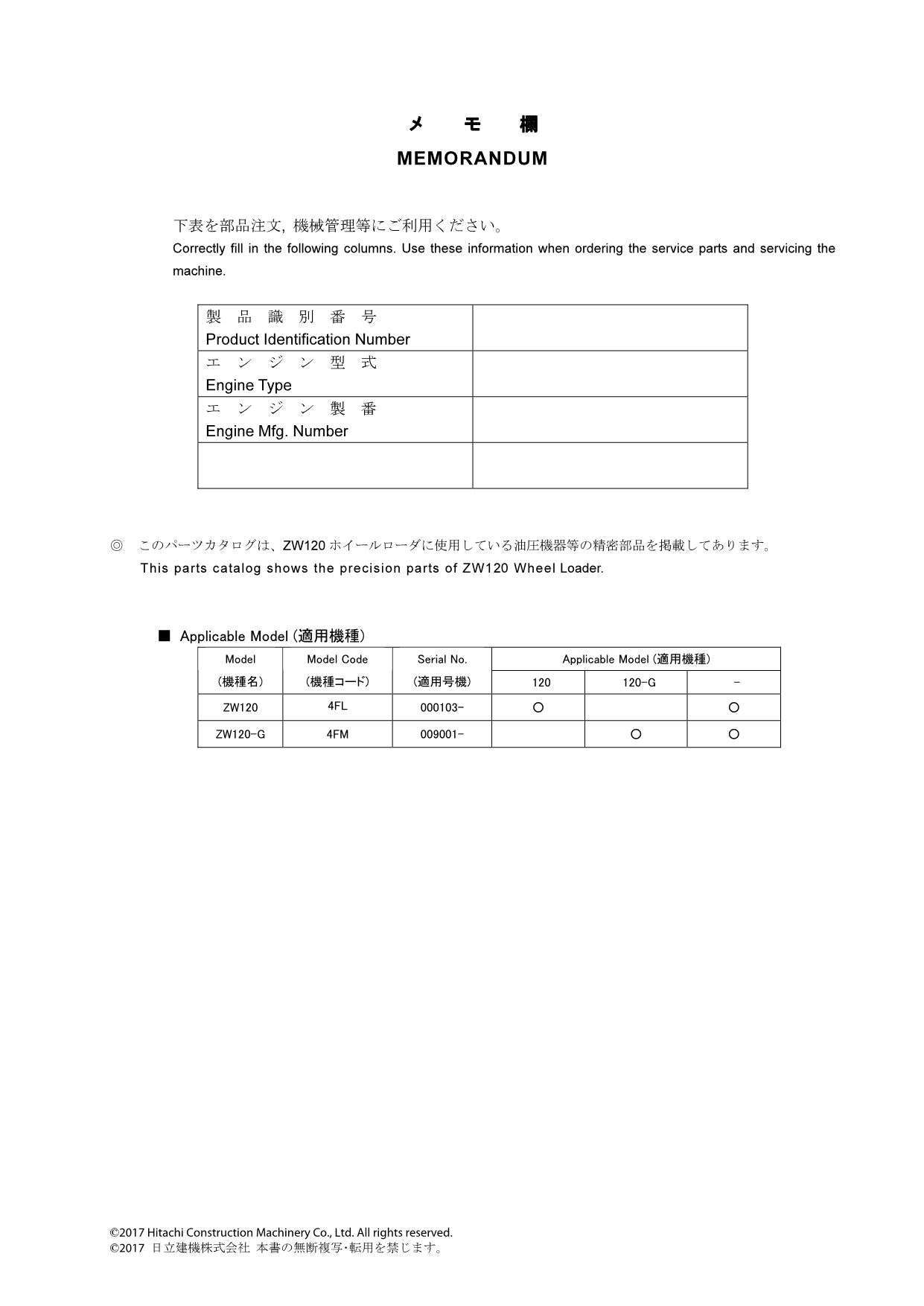 Hitachi ZW120 ZW120-G Equipment Component Wheel Loader Parts Catalog Manual