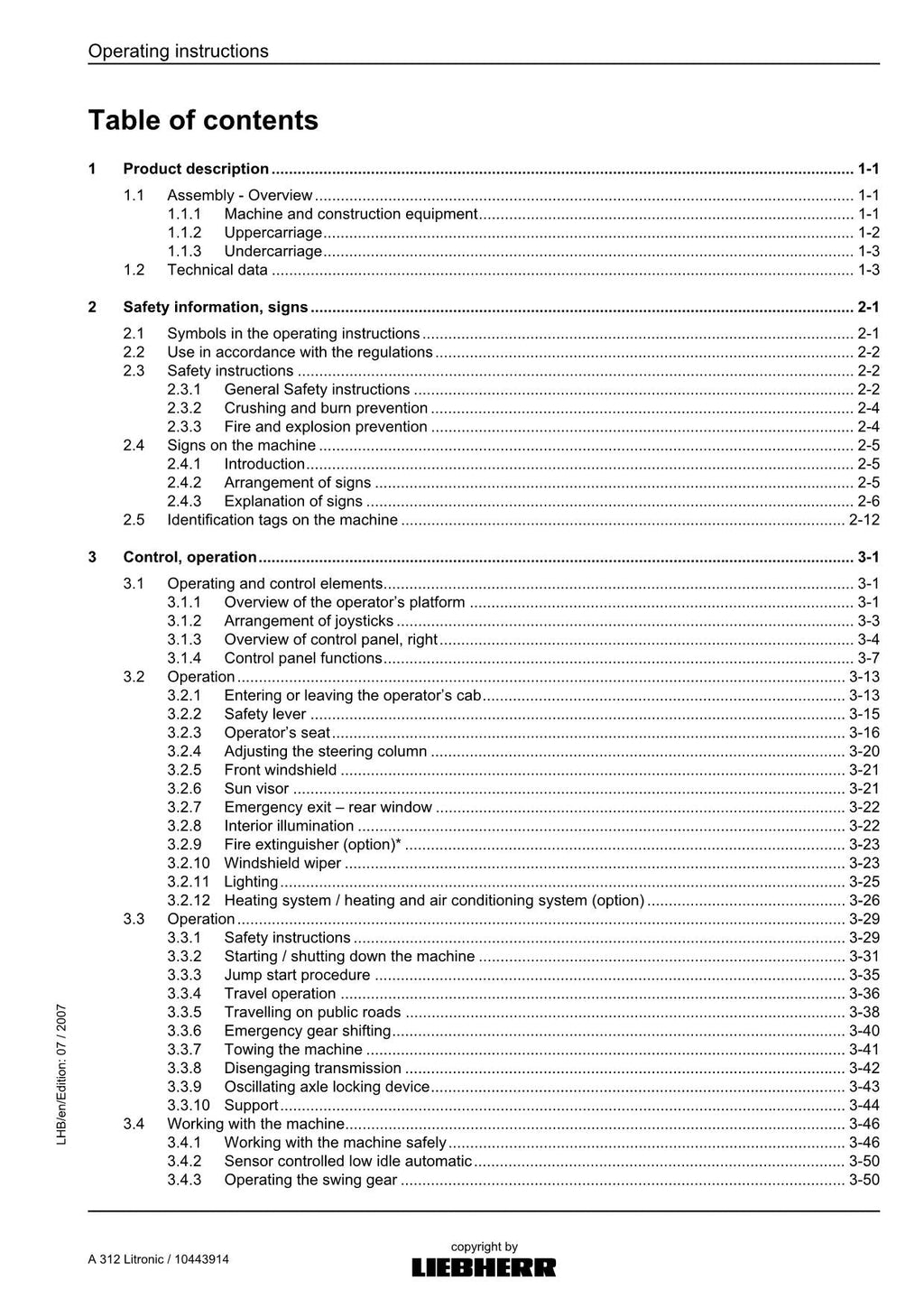 Liebherr A312 Litronic Excavator  Operators manual