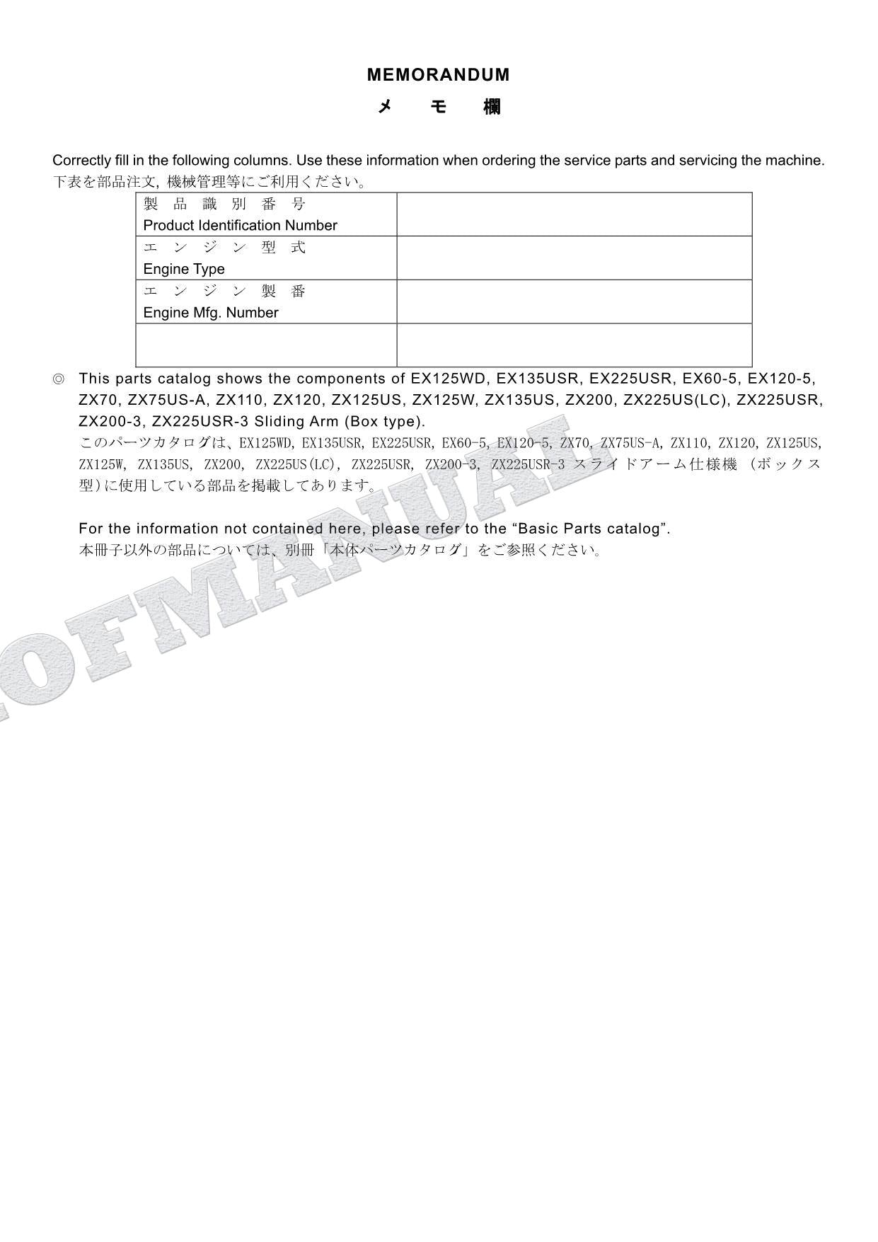 HITACHI ZAXIS ZX200-3 Excavator Parts Catalog Manual