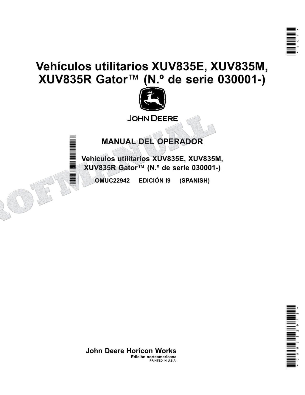 John Deere XUV835E XUV835R XUV835M cocodrilo Manual del Operador Español