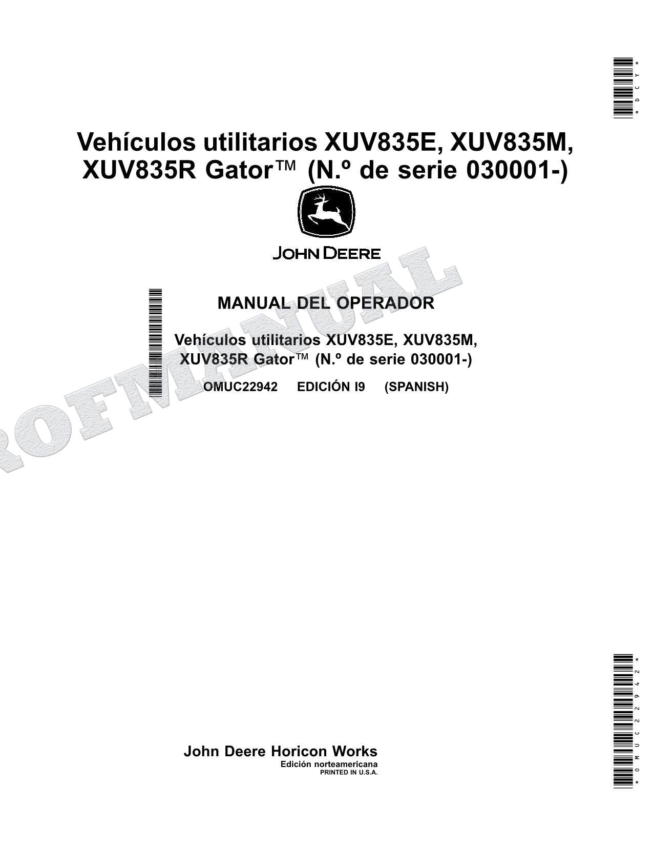 John Deere XUV835E XUV835R XUV835M cocodrilo Manual del Operador Español
