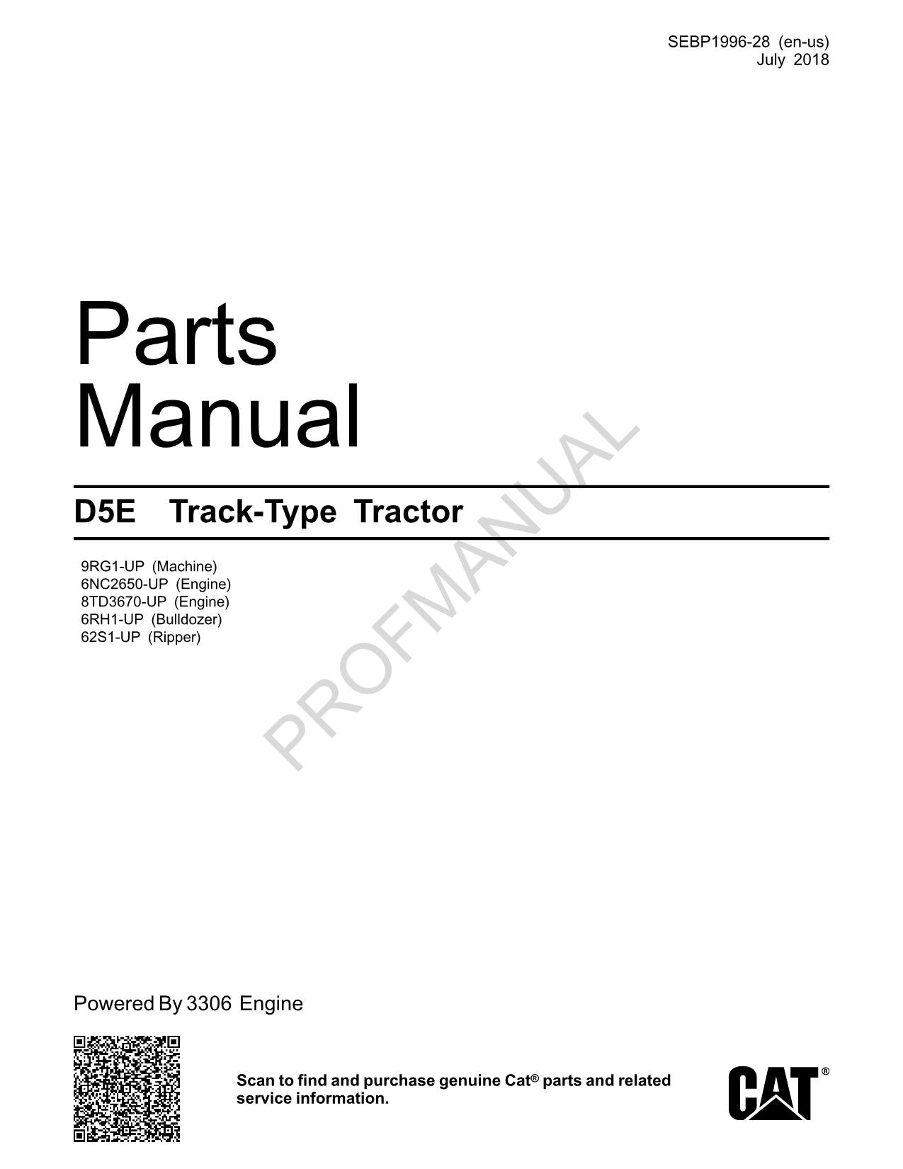 Caterpillar Cat D5E Track Type Tractor Parts Catalog Manual SEBP1996