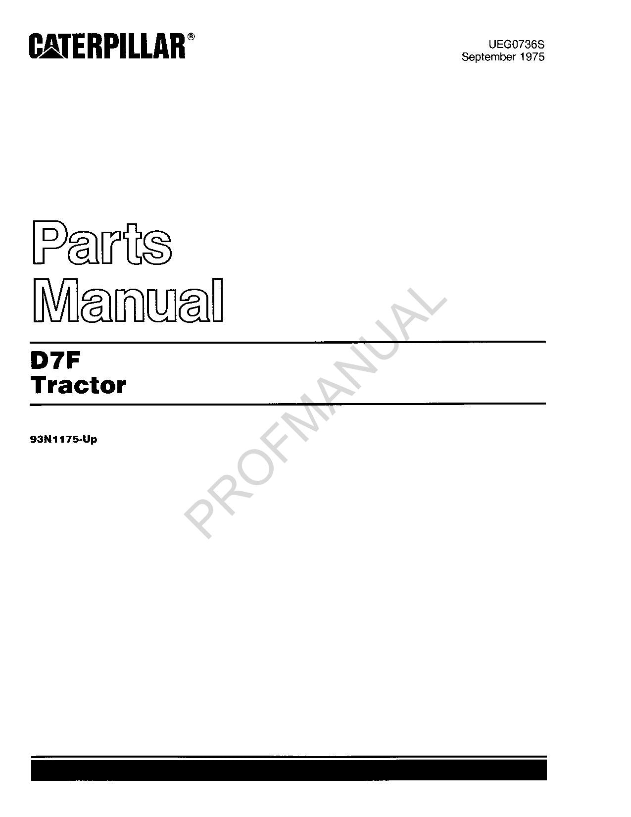 Caterpillar Cat D7F Tractor Parts Catalog Manual ser 93N1175-Up