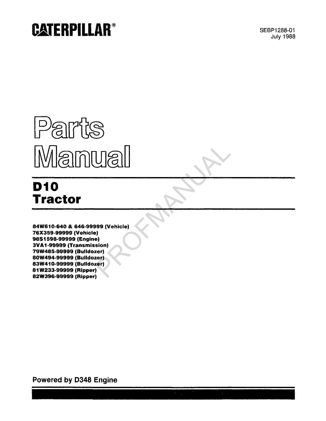 Caterpillar Cat D10 Tractor Parts Catalog Manual SEBP1288