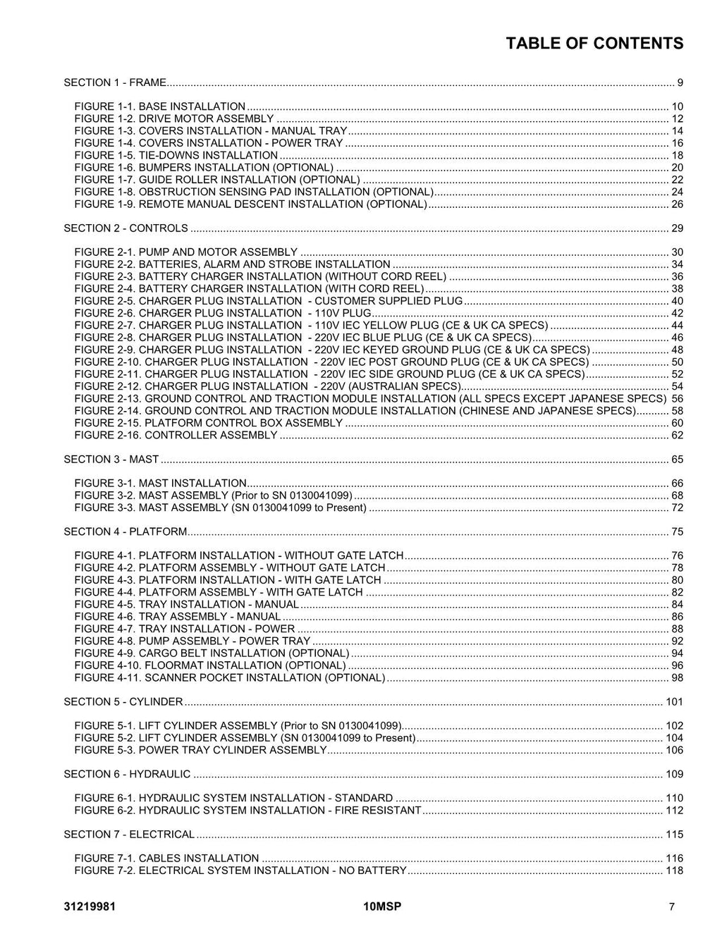 JLG 10MSP Vertical Mast Parts Catalog Manual 31219981