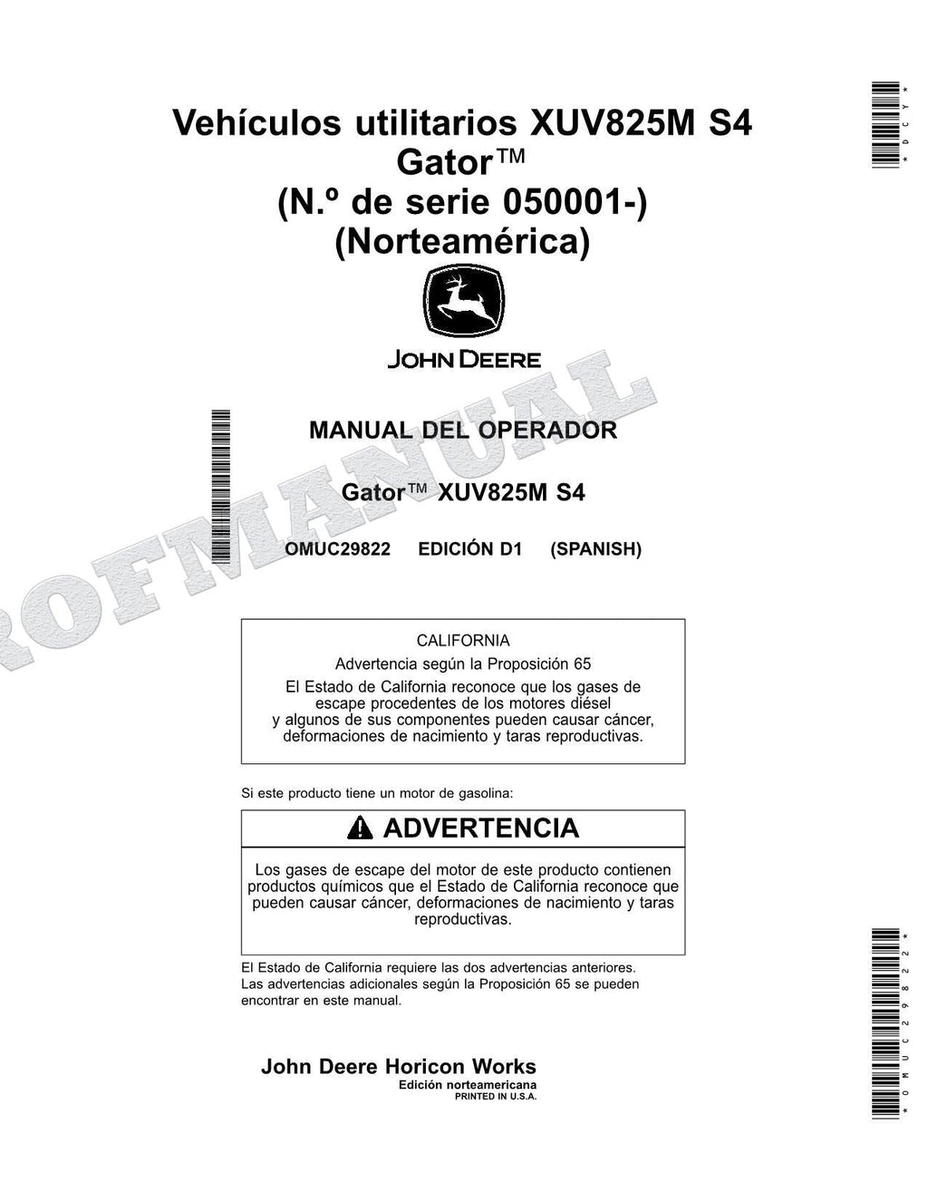 John Deere XUV825M S4 cocodrilo Manual del Operador Español SN 050001-