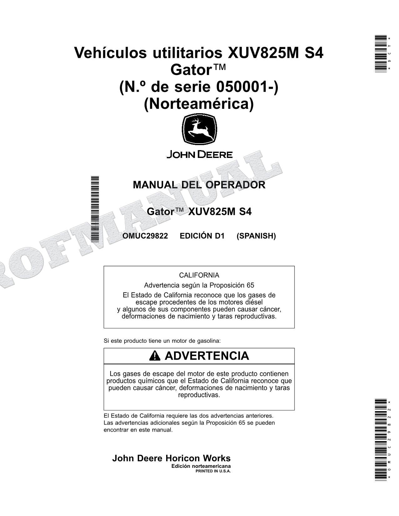 John Deere XUV825M S4 cocodrilo Manual del Operador Español SN 050001-