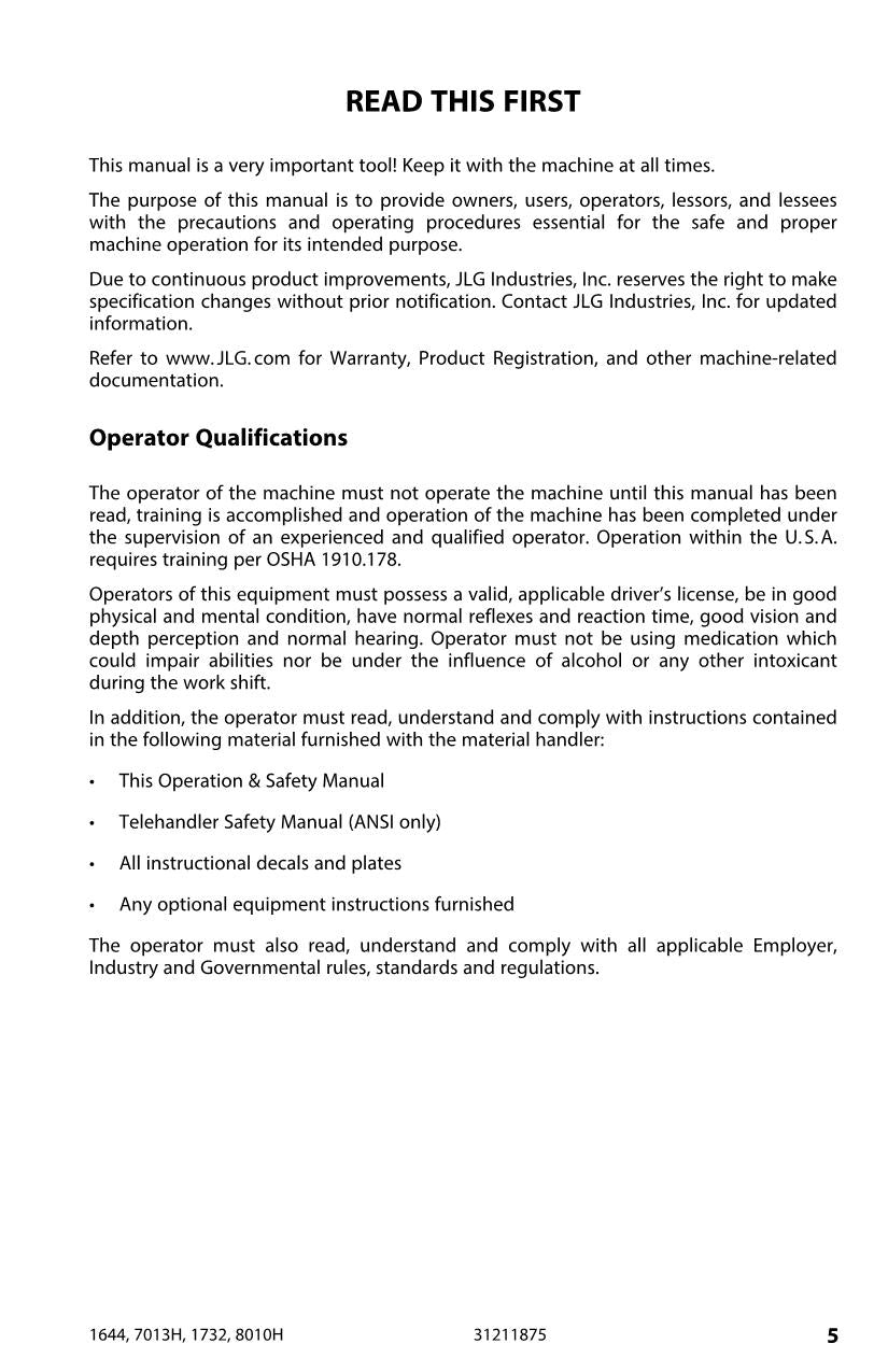 Manual del operador de mantenimiento de manipuladores telescópicos JLG 1644 1732 7013H 8010H 31211875