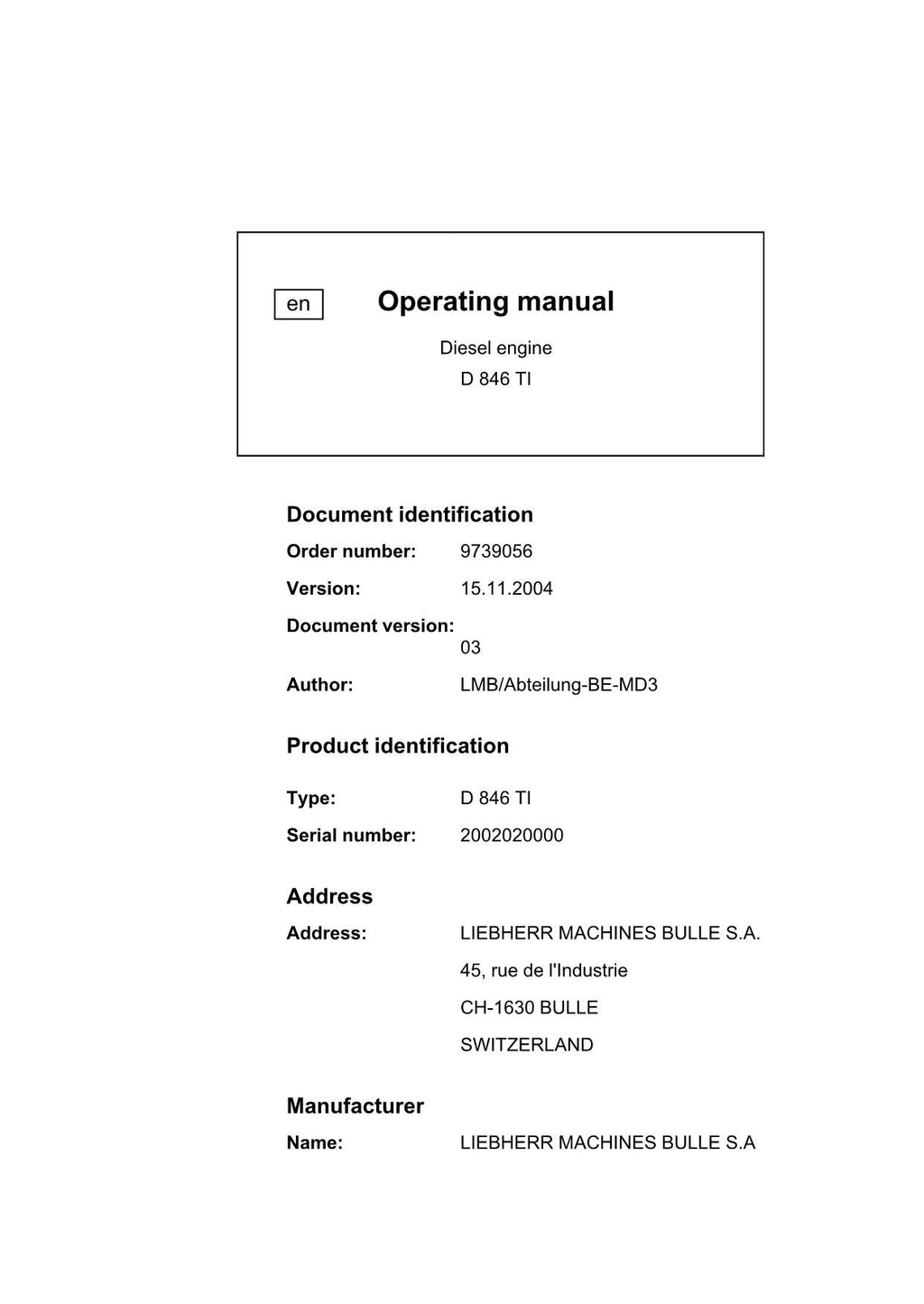 Liebherr D846 TI engine Operators manual