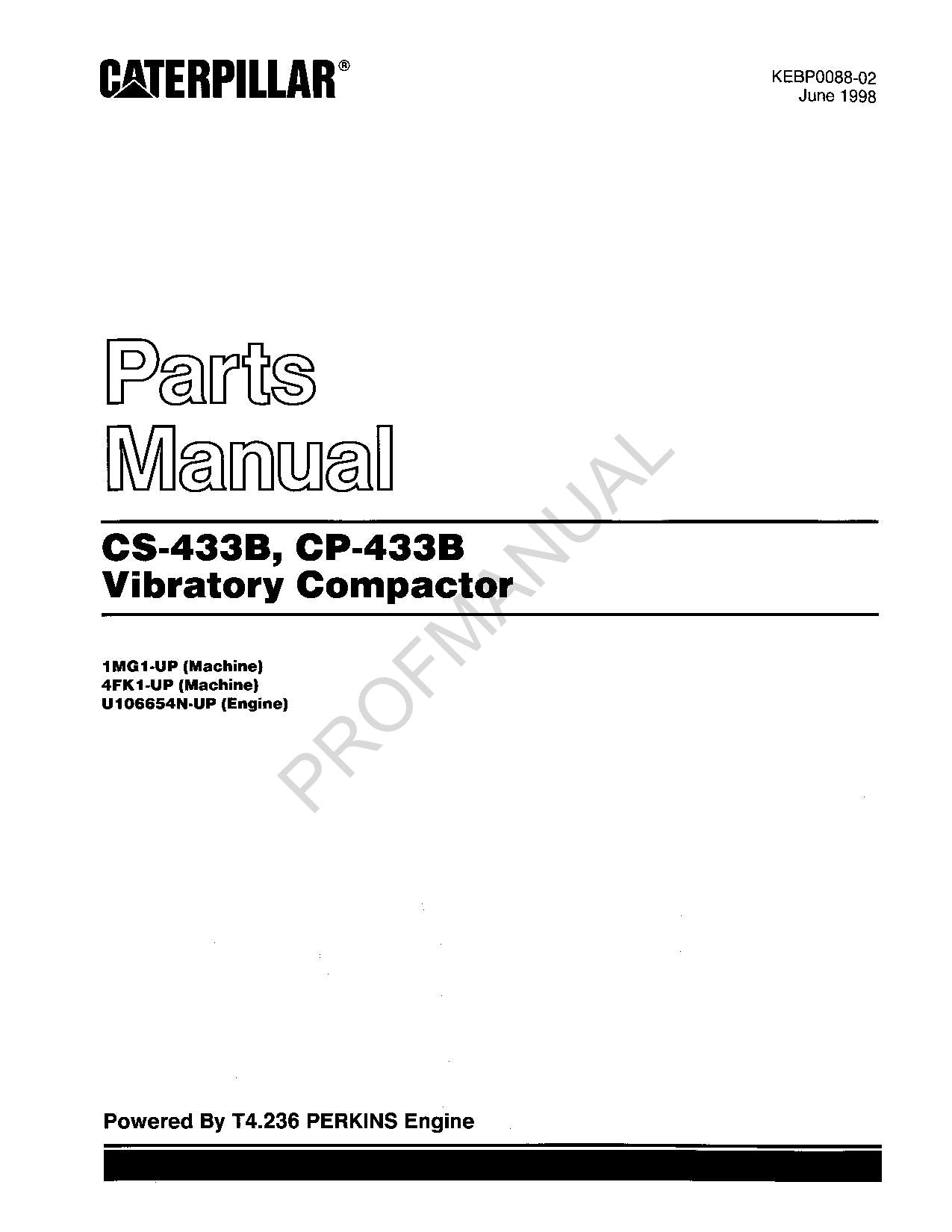 Caterpillar CS433B CS433B Vibratory Compactor Parts Catalog Manual